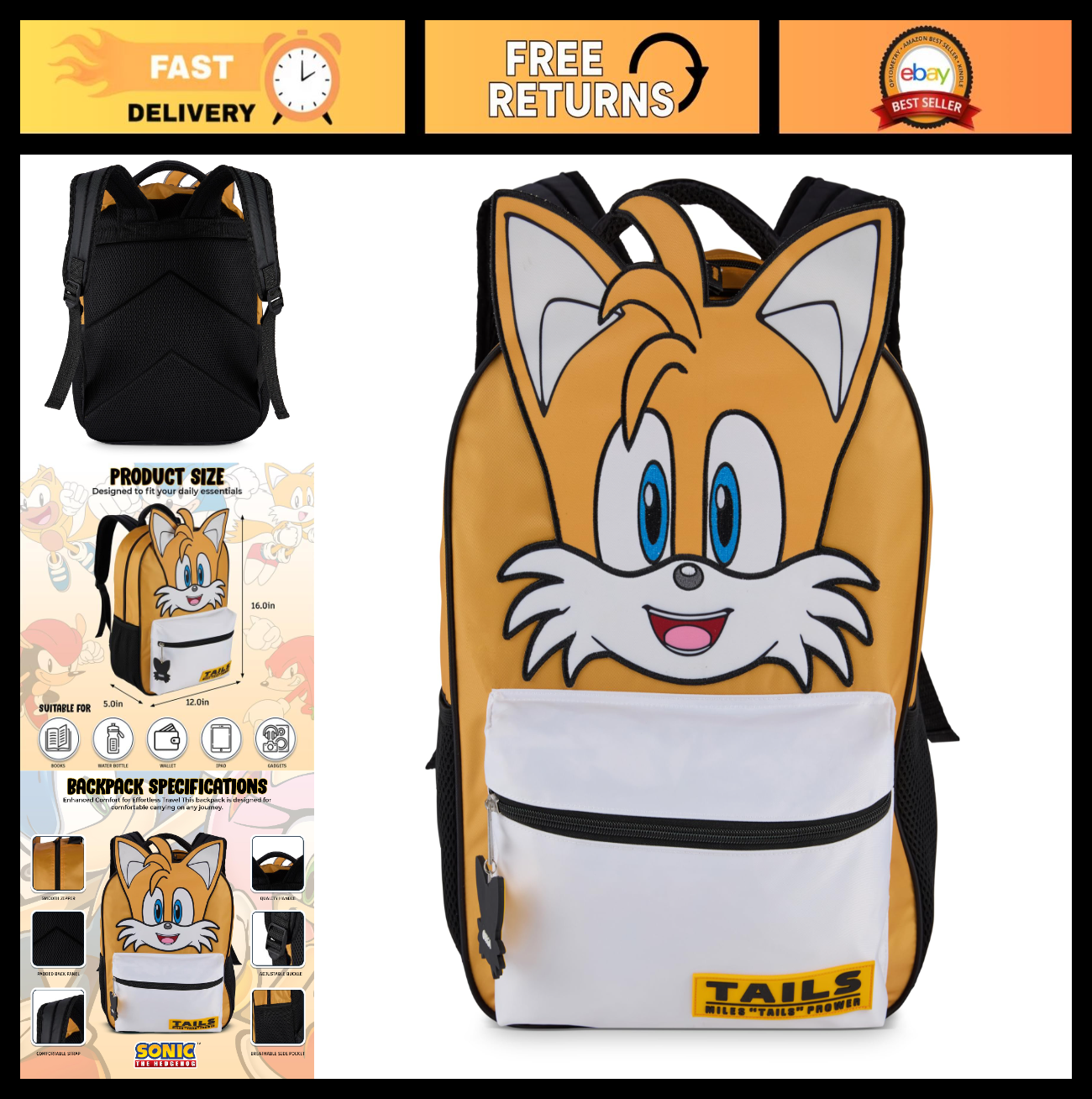 Sonic The Hedgehog Backpack for Kids, 16" Schoolbag with Tails Dangle, Yellow0