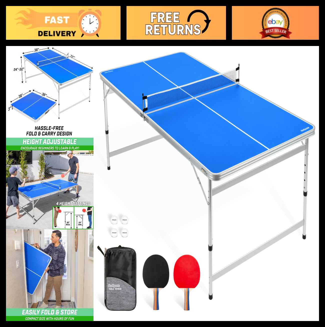 Adjustable Height 6x3 ft Table Tennis Table Set - Indoor/Outdoor Play - Green/Bl0