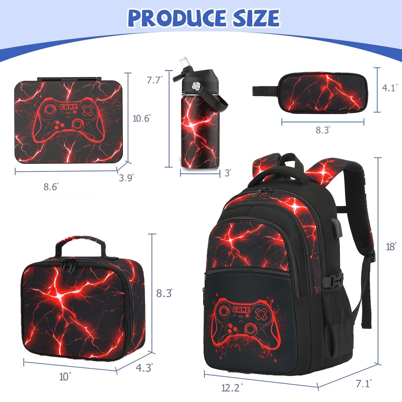 Cool Luminous Gamer Backpack for Boys, Insulated Lunch Box, Water Bottle & Penci2