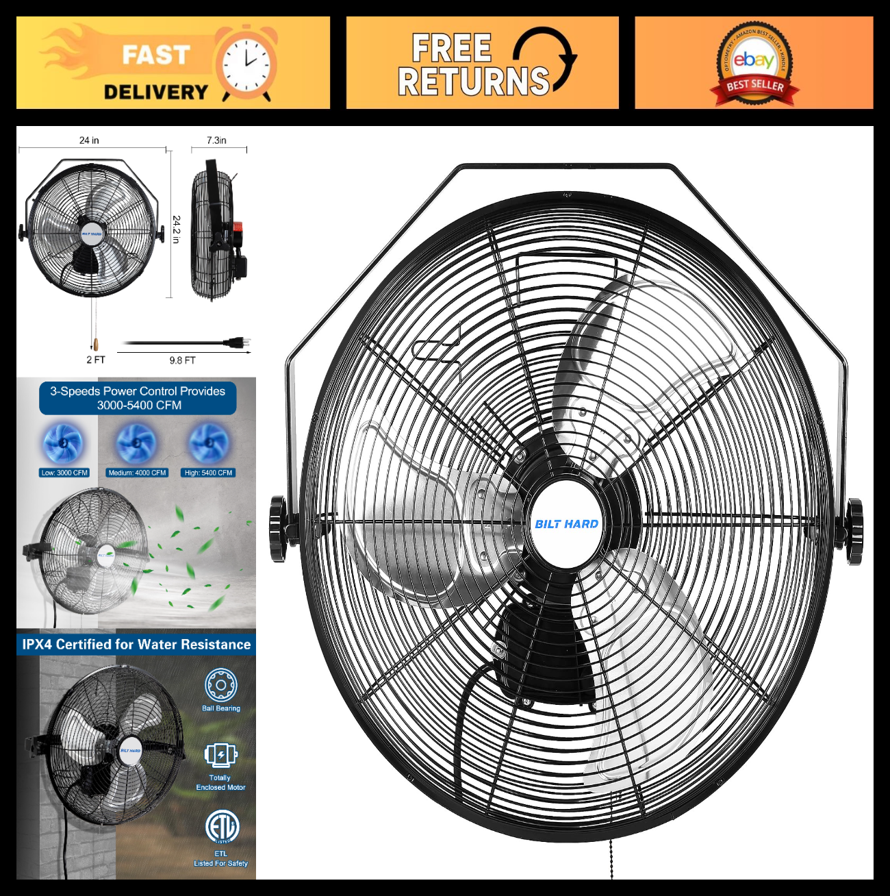 High Velocity 20" Outdoor Wall Mount Fan, 5400 CFM, 3 Speed Waterproof for Patio0