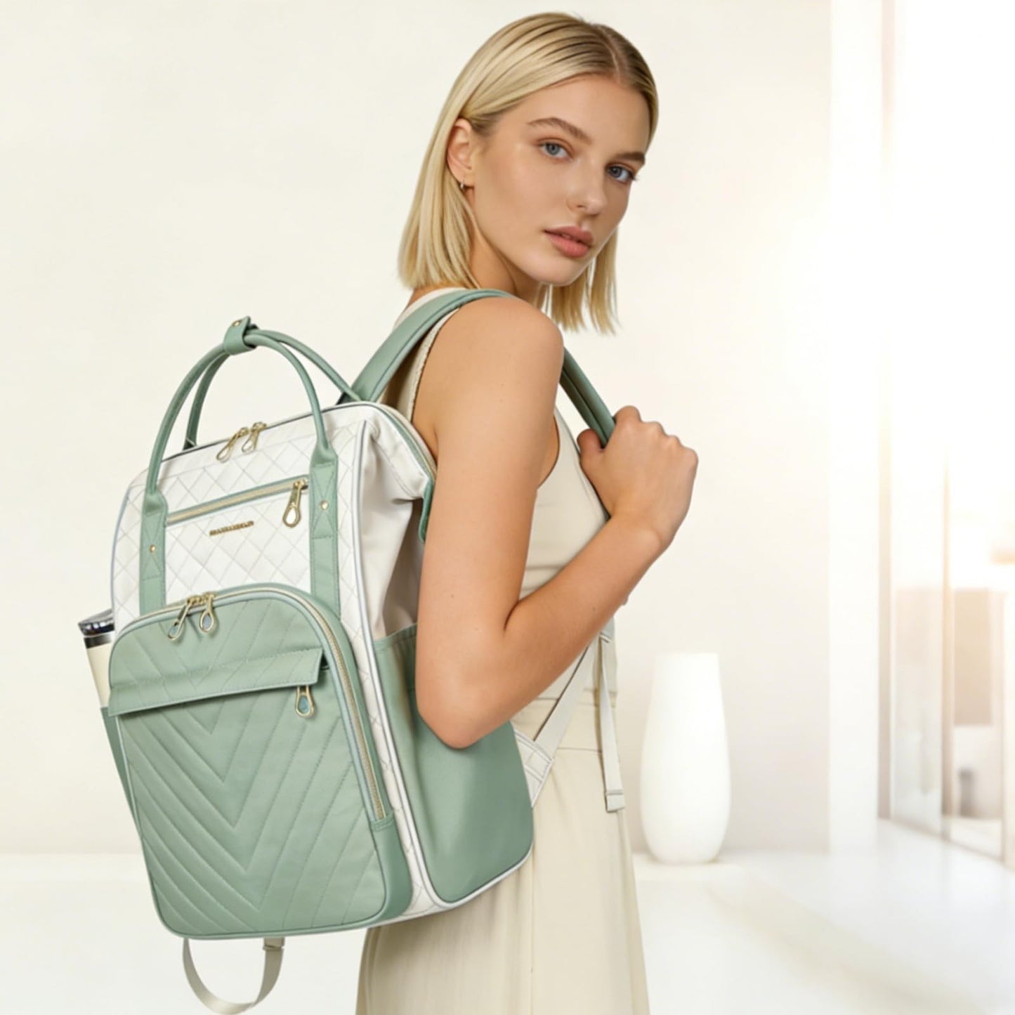 Stylish 17" Water-Repellent Laptop Backpack for College, Travel & Work - Beige/L2