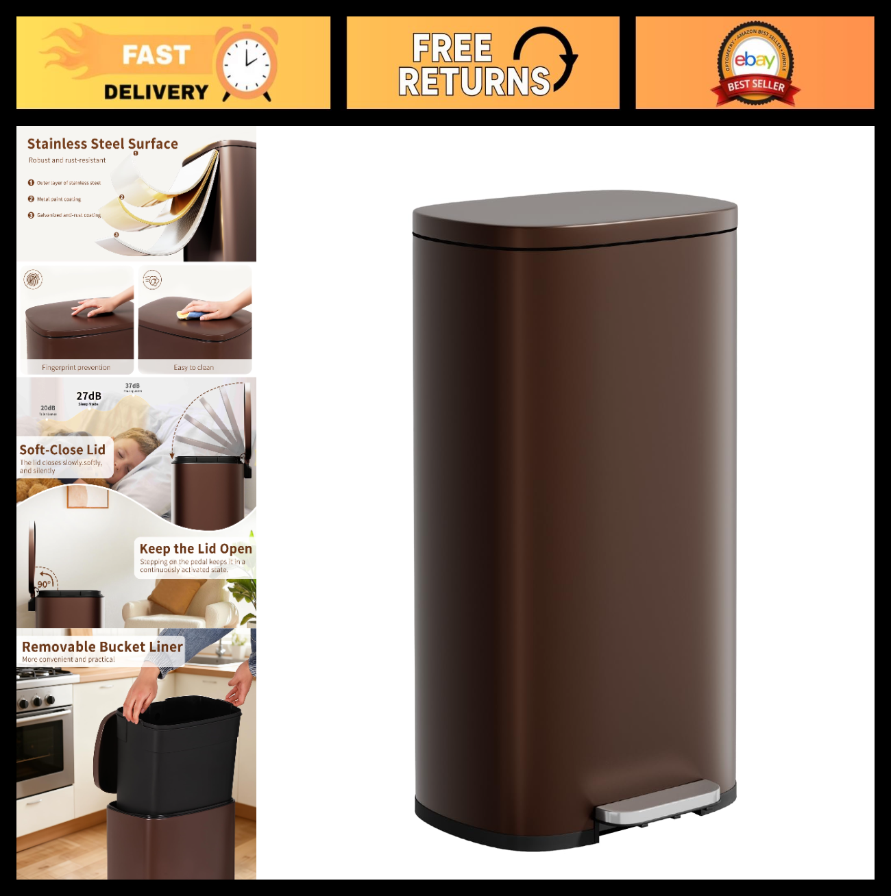 Stainless Steel Trash Can with Lid - 13 Gallon, Removable Inner Bucket, Soft Clo0