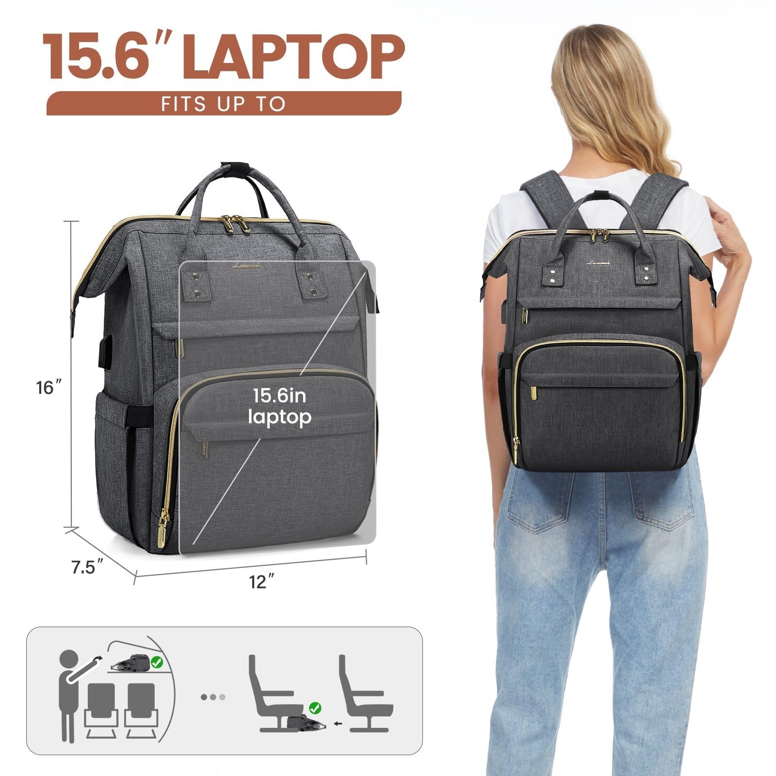 Stylish 15.6" Laptop Backpack for Women, Waterproof Travel Bag with USB Port, Da5