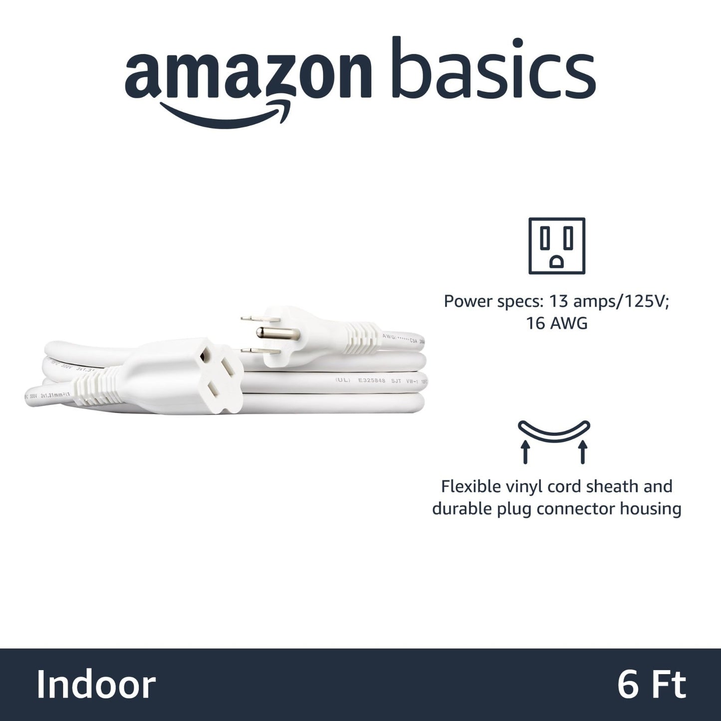 6 Ft Indoor Extension Cord, 3 Prong Outlet Extender, 13 Amps, 125V, White2