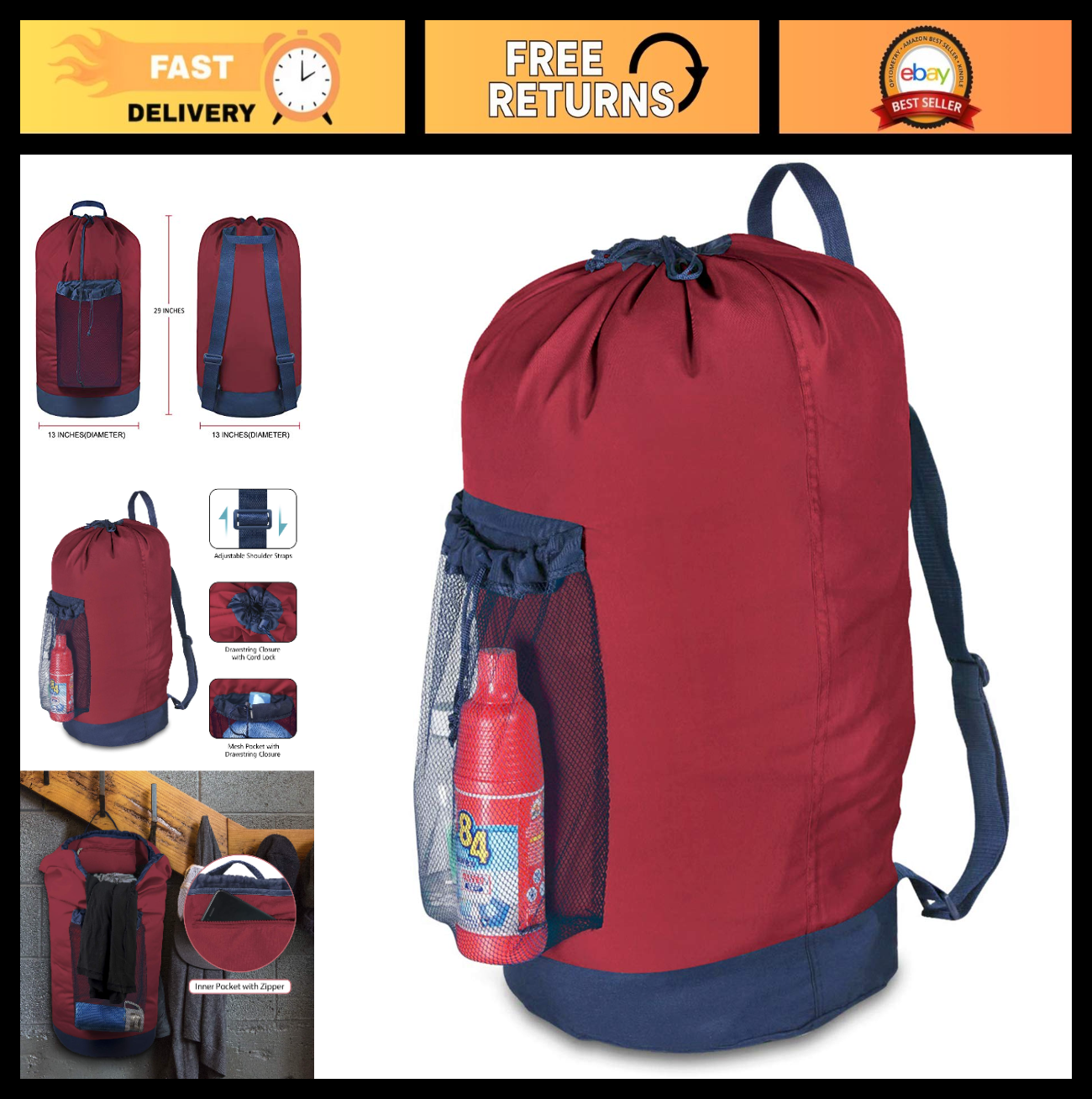 Durable Laundry Backpack with Shoulder Straps, Mesh Pocket & Drawstring Closure0
