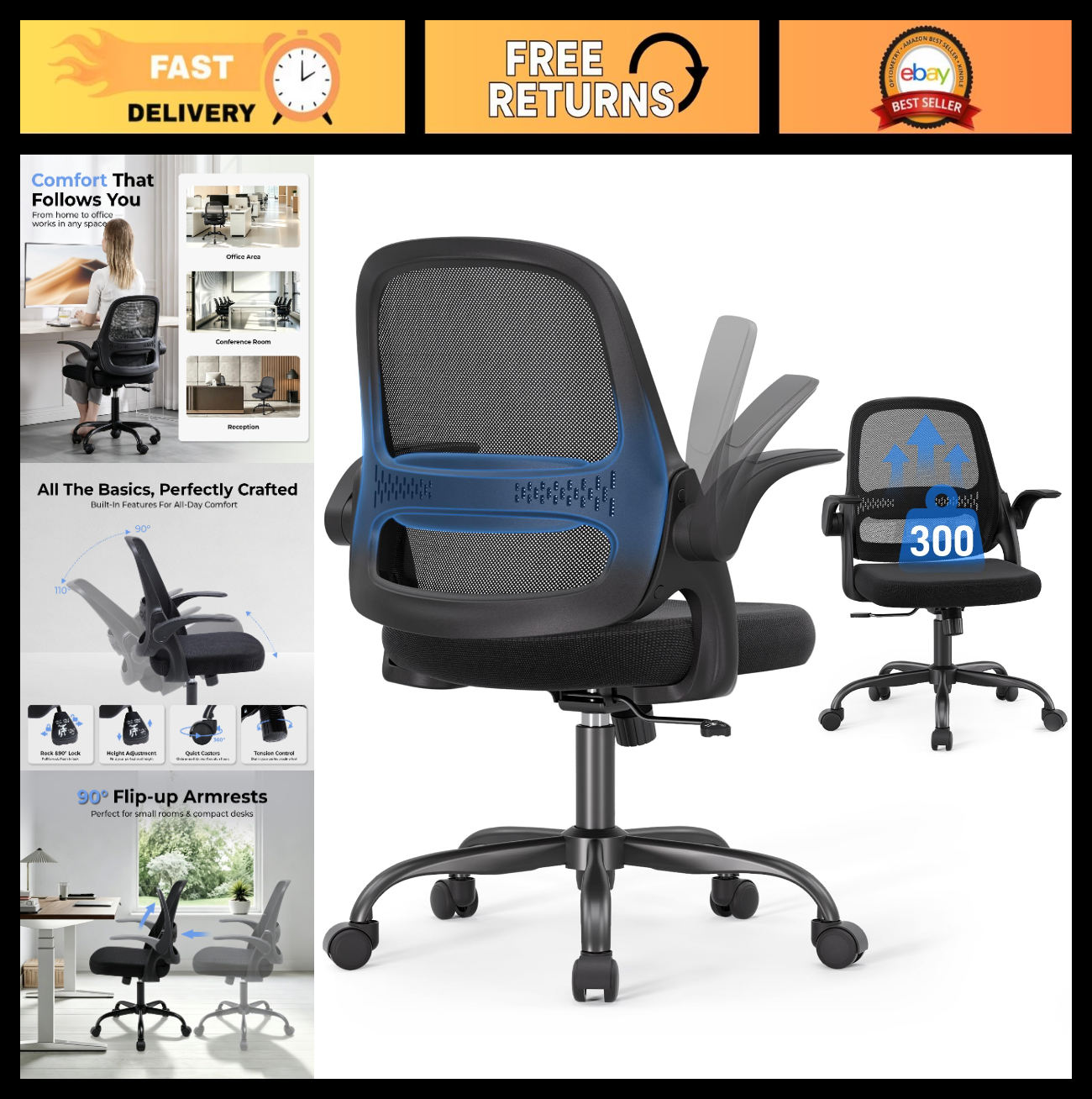 Ergonomic Mesh Office Chair with Flip Up Arms, Breathable Back, 300 lbs Support,0