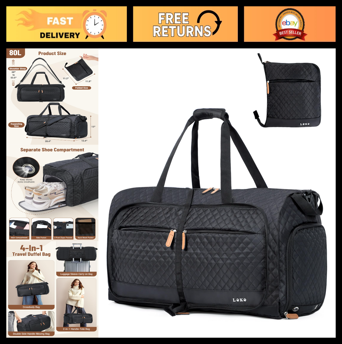 Large 80L Foldable Travel Duffel Bag with Shoe Compartment & Straps - Weekend Ca0