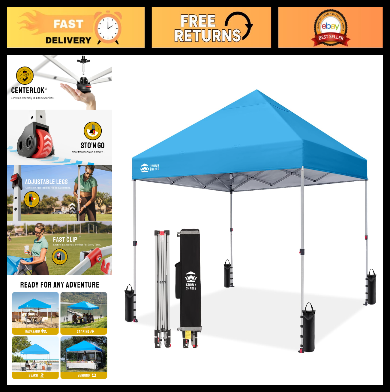8x8 Pop Up Canopy Tent   Easy One Push Setup, Sky Blue Sun Shade for Events, Cam0