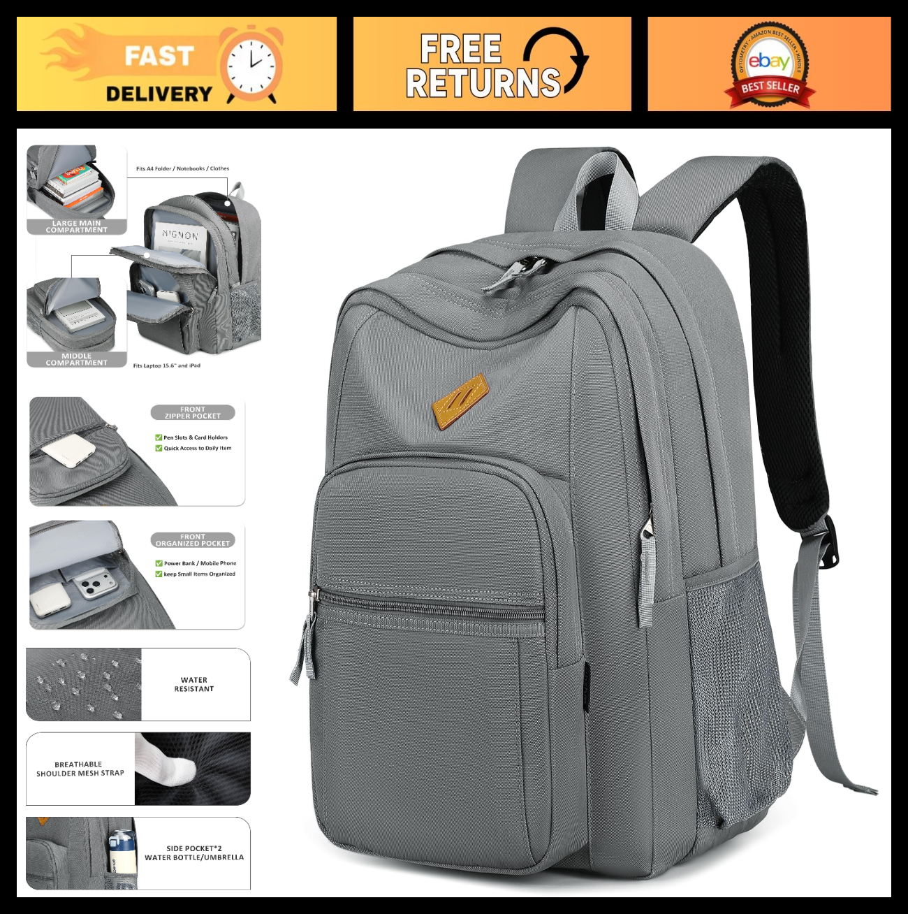 Water Resistant Women's Travel Backpack, College Bookbag for Men & Women   Grey0
