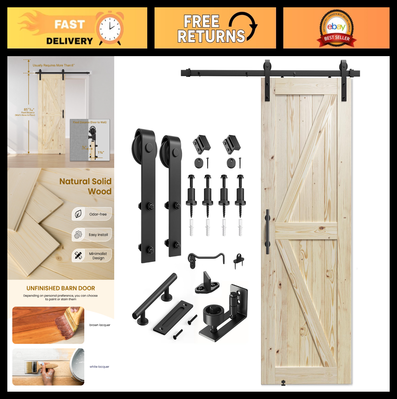 30" x 84" Unfinished Solid Spruce Sliding Barn Door & 5ft Hardware Kit   DIY, St0