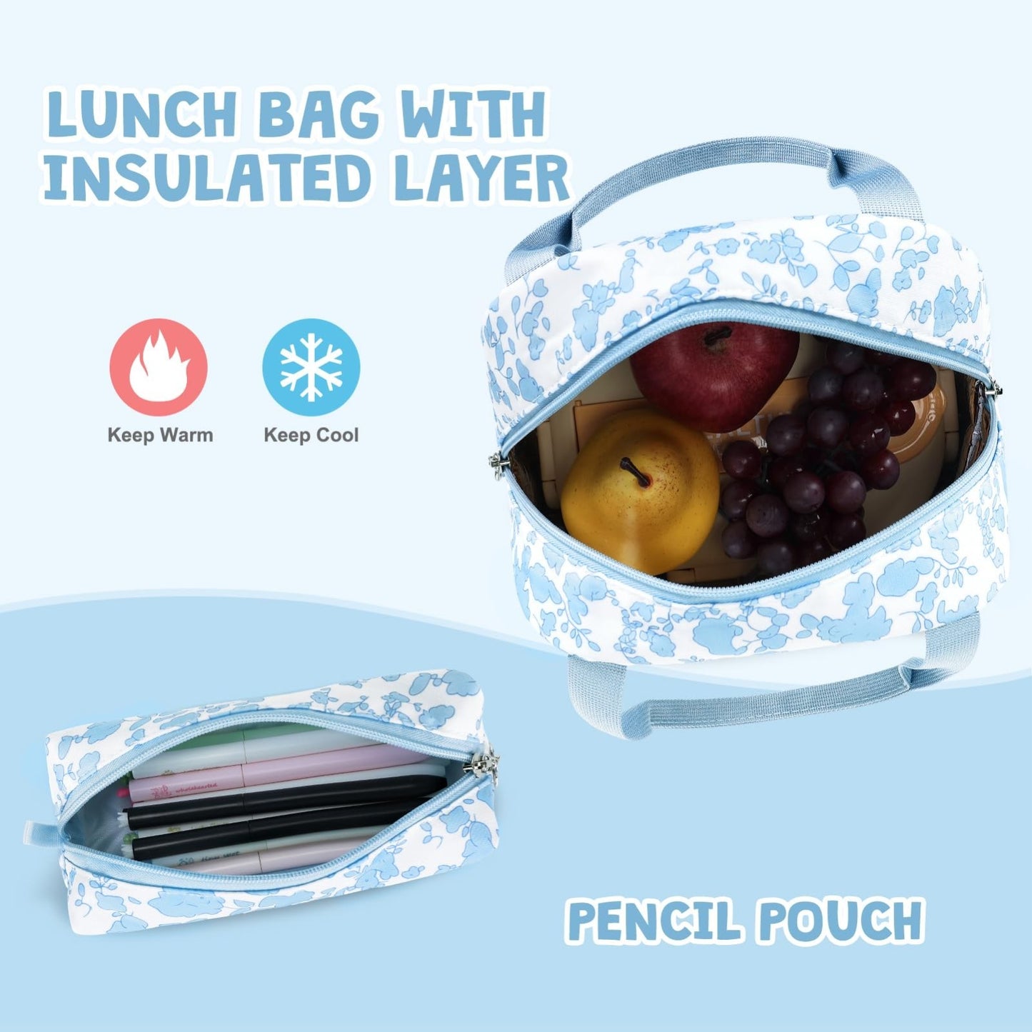 Stylish Girls Backpack with Lunch Bag & Pencil Pouch   Teen Laptop Bookbag, Blue5