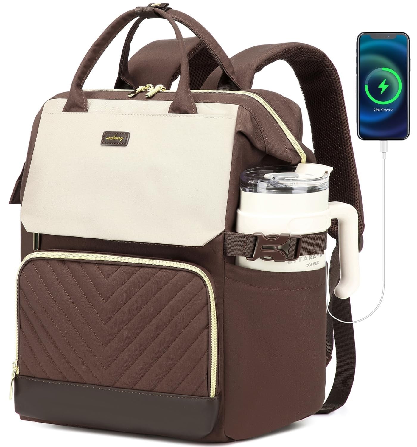 Stylish Computer Backpack for Women   Laptop Bag with USB Charger & Cup Holder,1