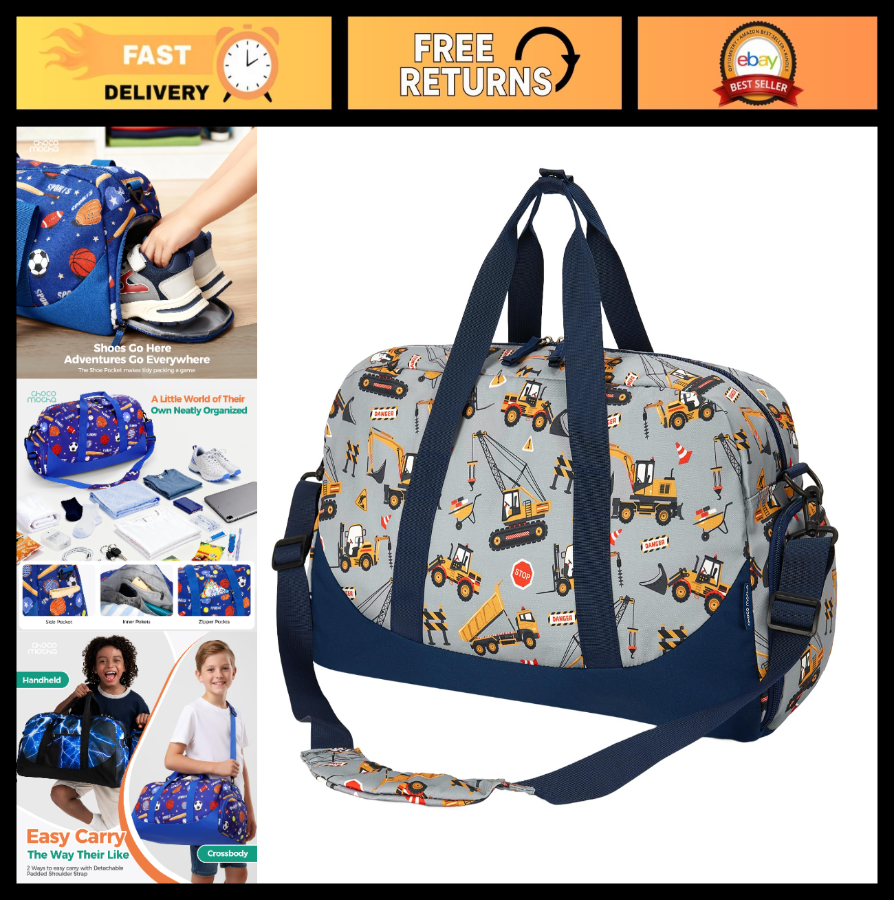Kids Construction Duffle Bag - Large Overnight Travel Bag with Shoe Compartment,0