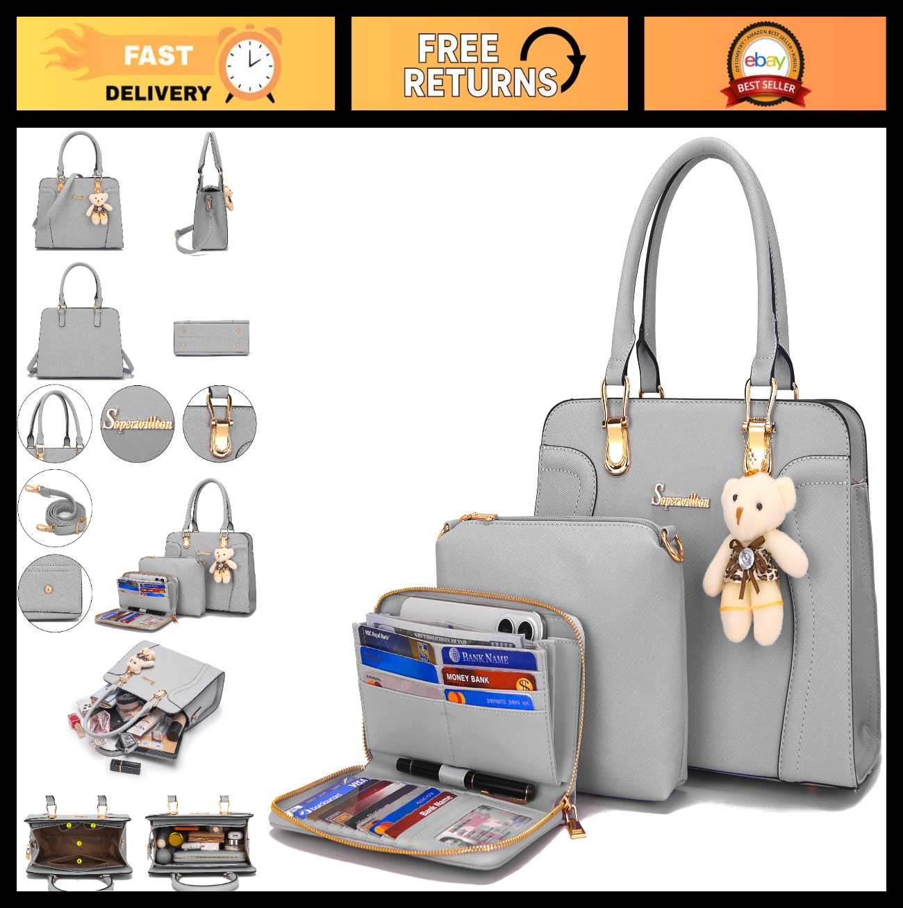 Stylish Women's 3-Piece Handbag Set - Shoulder Bag, Satchel & Wallet - Fashion P0