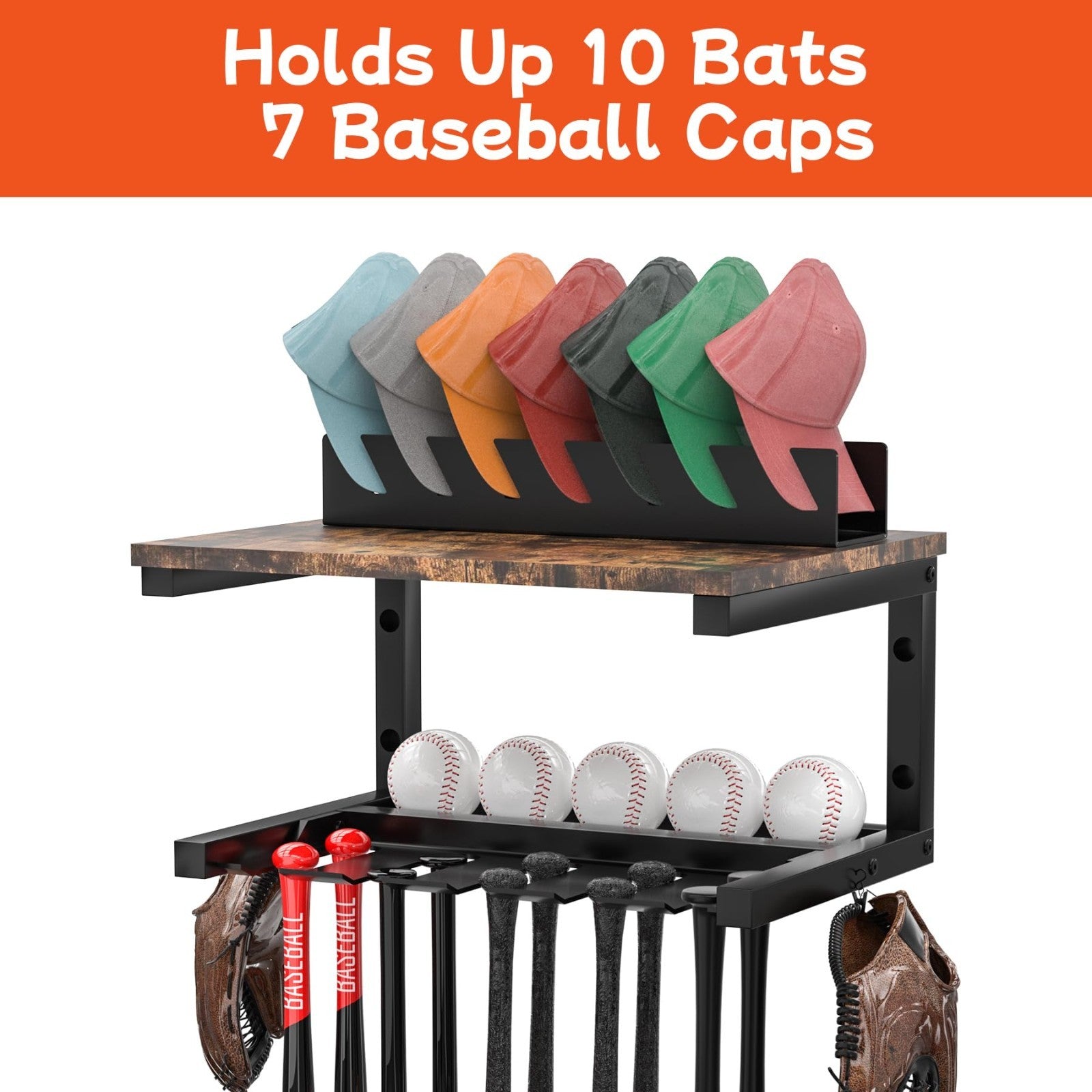 Wall Mount Baseball Bat Rack & Cap Holder   10 Bat Metal Storage, 5 Prongs, Blac7