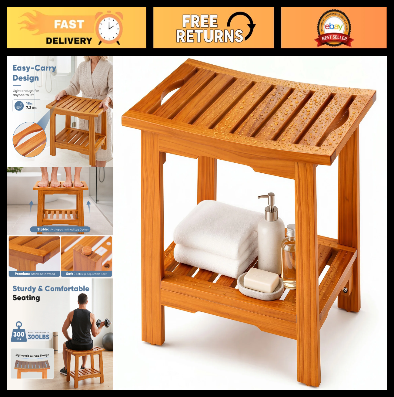 Wooden Shower Stool 18IN/14IN Waterproof Bench with Storage Shelf & Handles, 3000