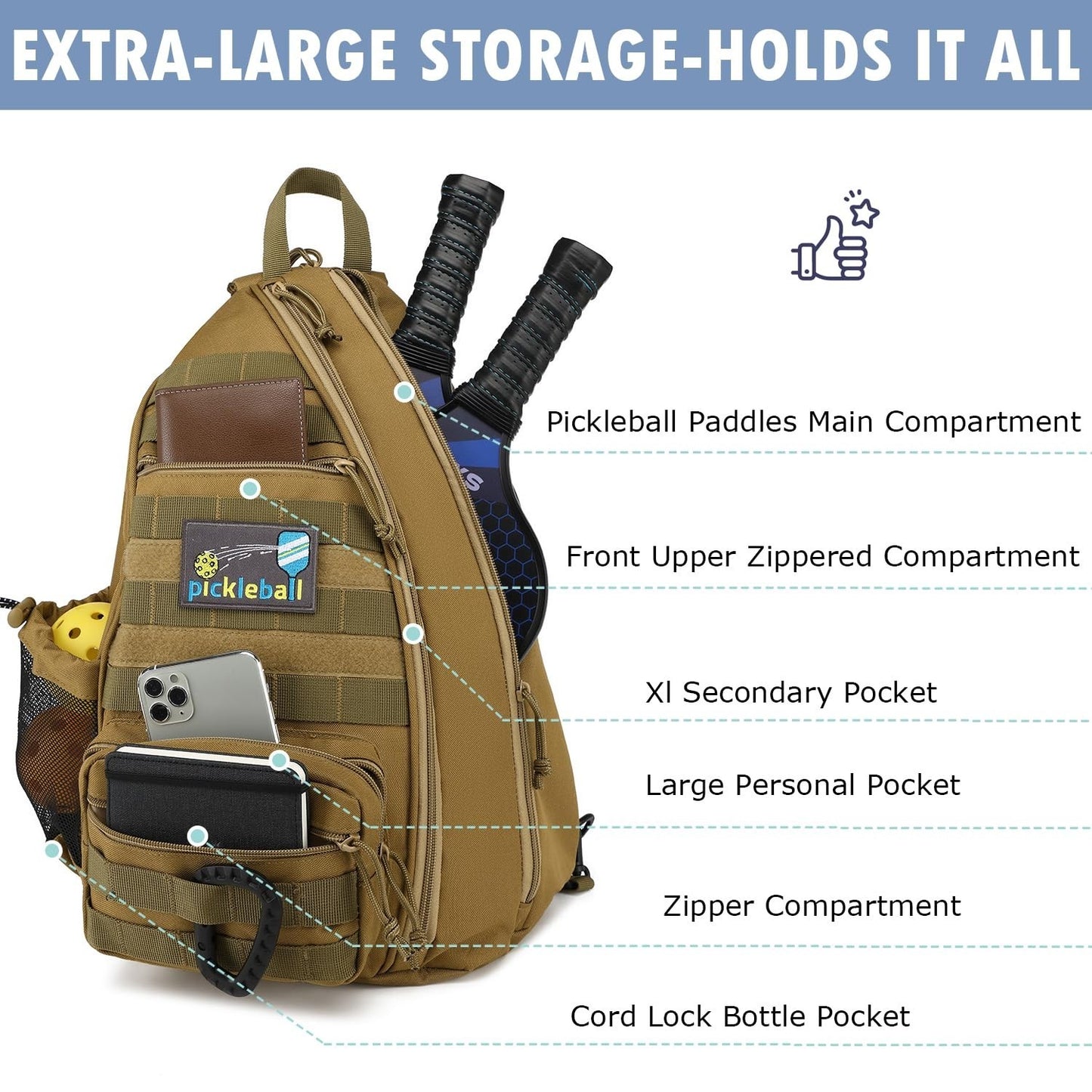Tactical Pickleball Backpack - Adjustable Sling Bag with Fence Hook & Water Bott4