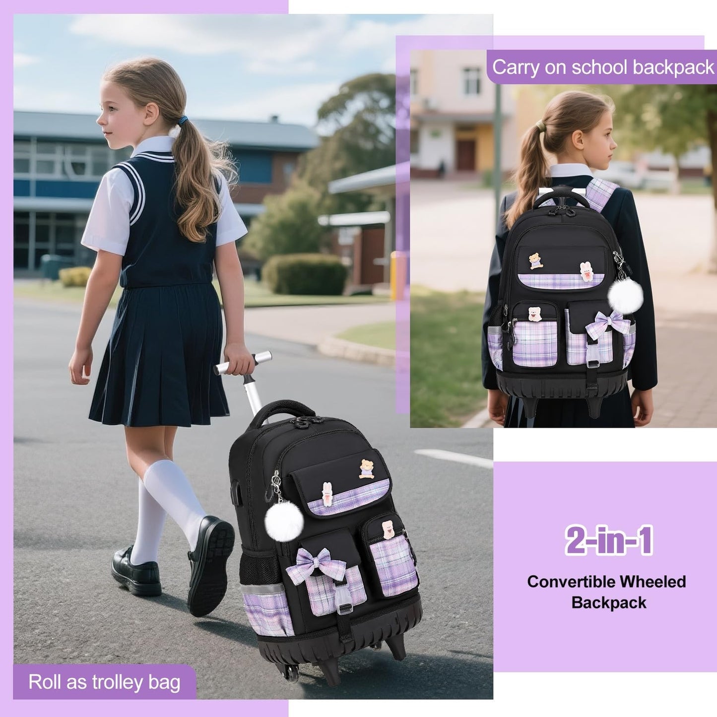 Rolling Backpack for Girls   Wheeled School Bag with Lunch Bag & Pencil Pouch, B5