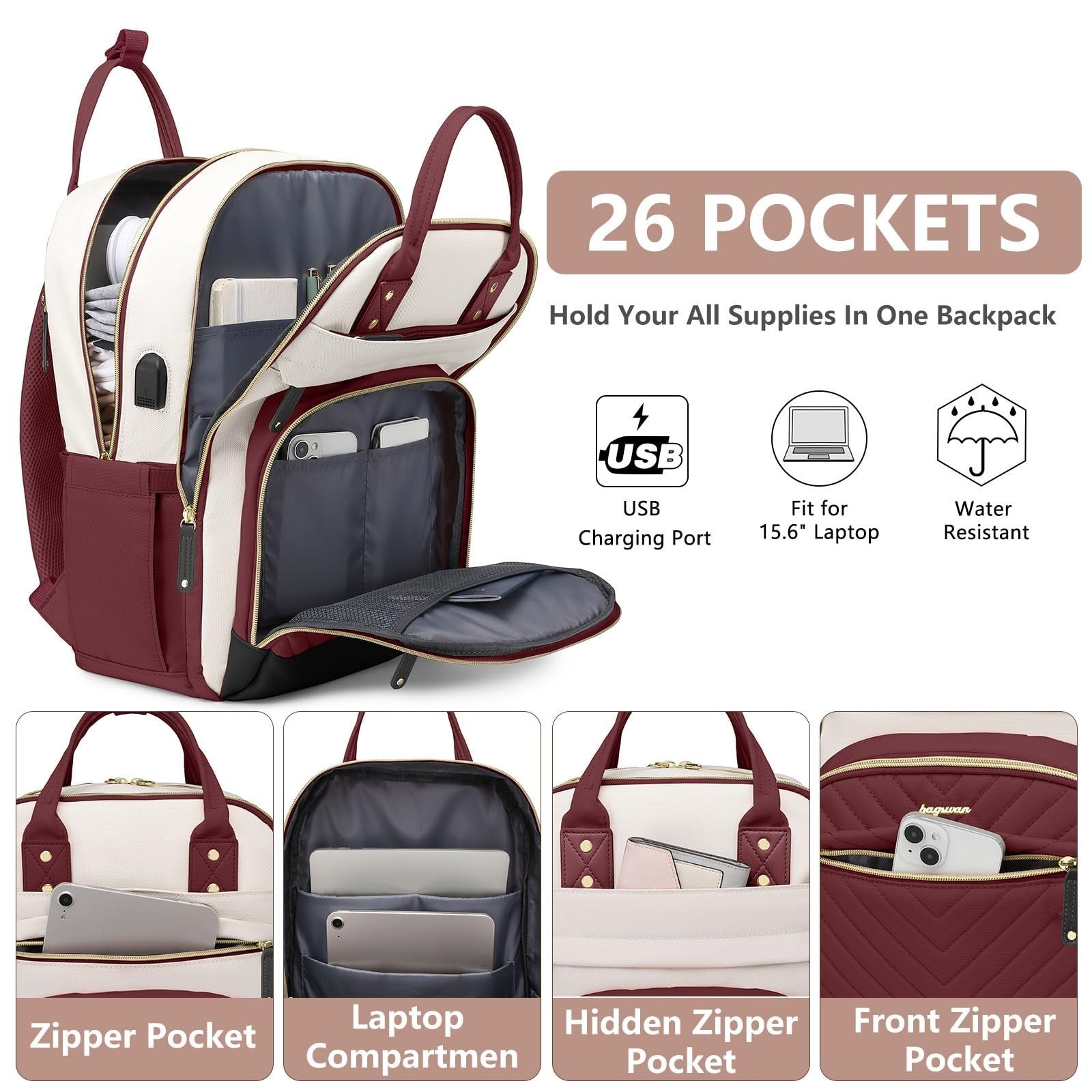 Stylish Laptop Backpack for Women   17.3" Travel Work Bag with USB Charger2