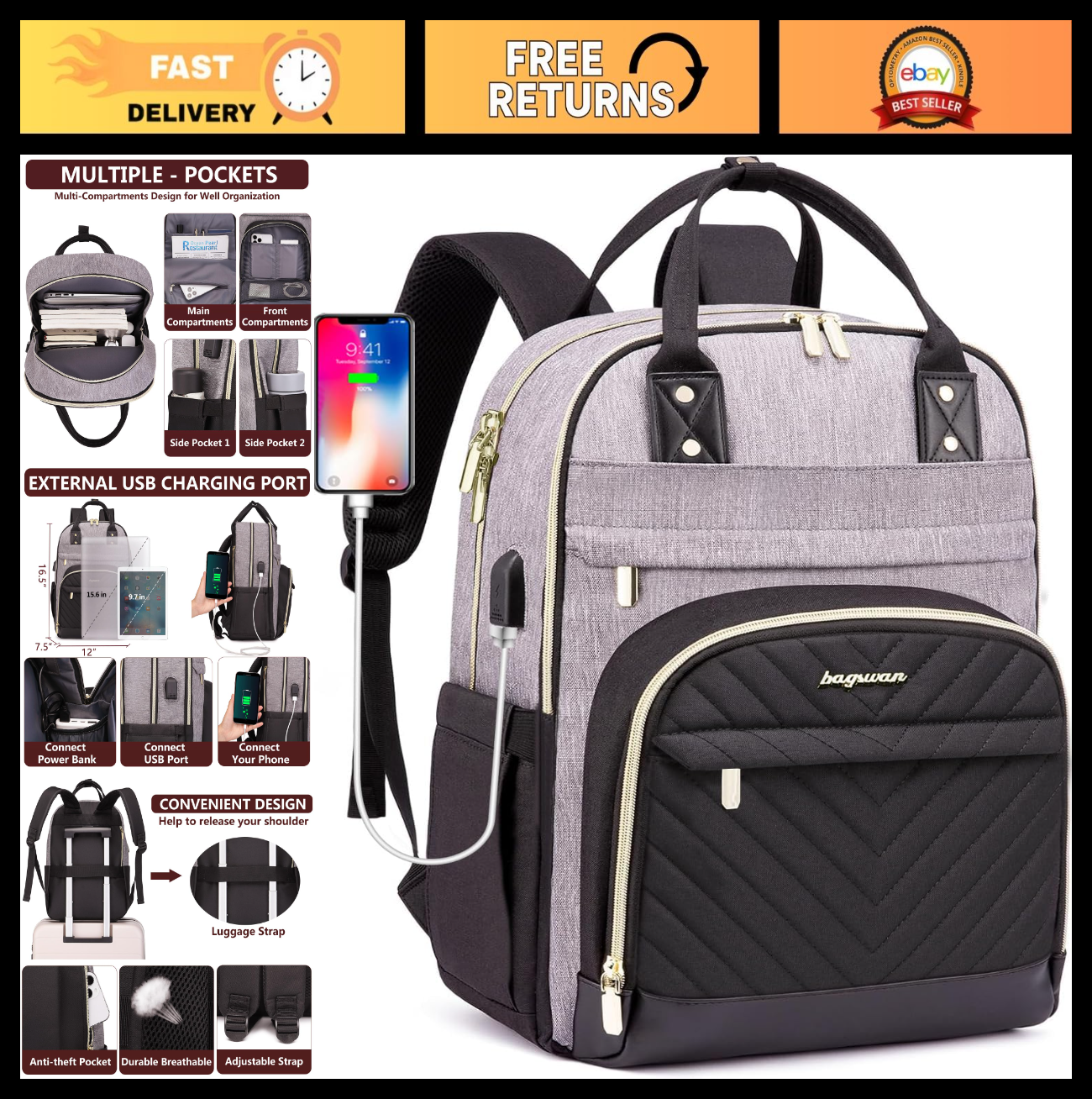 Stylish Anti Theft Laptop Backpack for 15.6" Laptops, Waterproof Travel Bag, Gre0