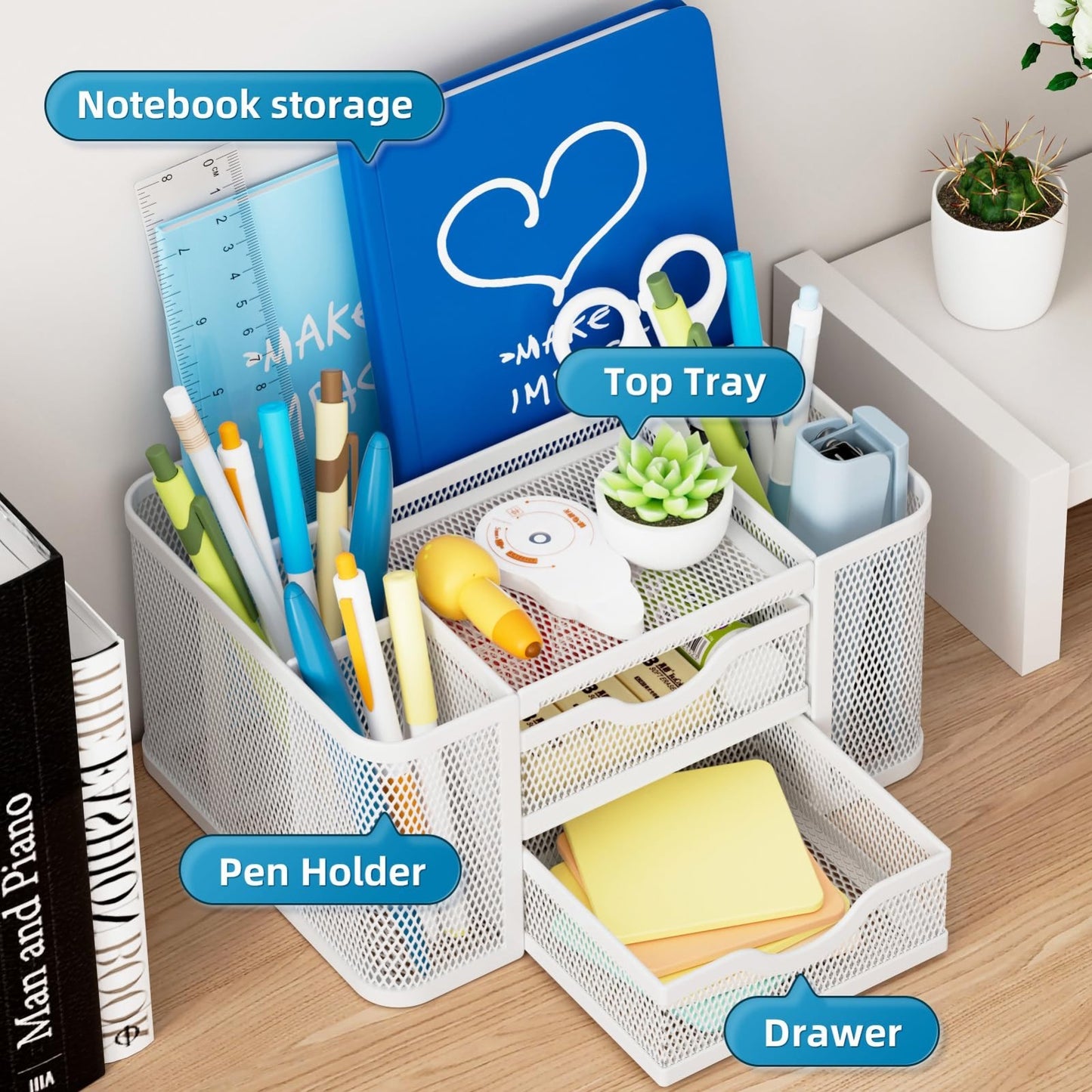 Multi Functional Mesh Desk Organizer with 2 Drawers, 5 Compartments, White Penci2