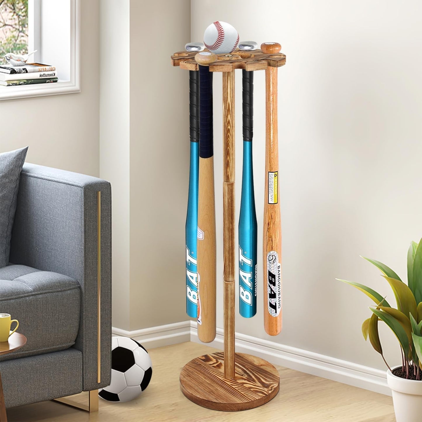 Baseball Bat Holder & Ball Display Shelf Rack   Organizer for 10 Bats, Wood Stan4