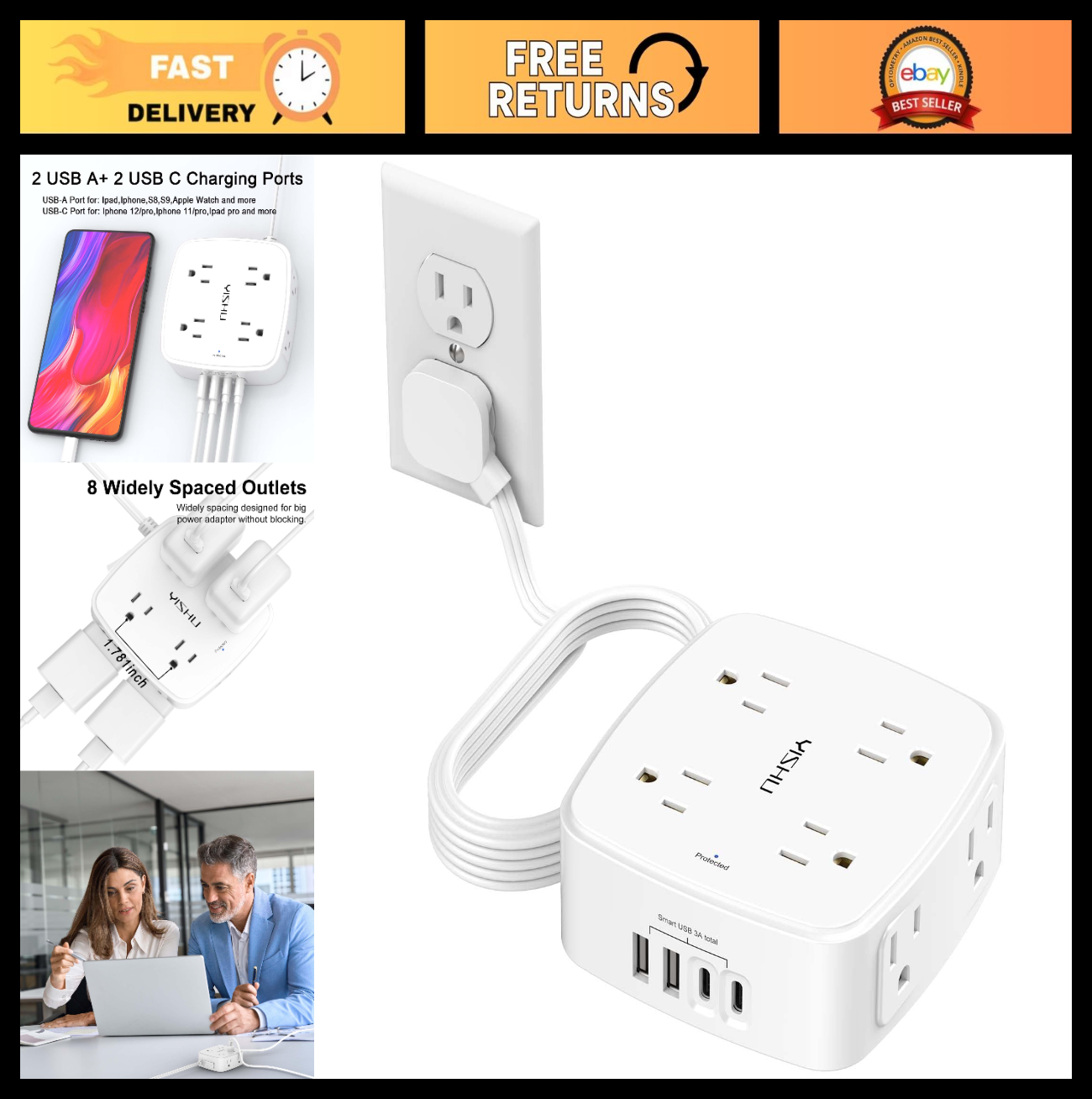 10 Ft Surge Protector Power Strip   8 Outlet Power Hub, 4 USB Ports, Flat Cord,0
