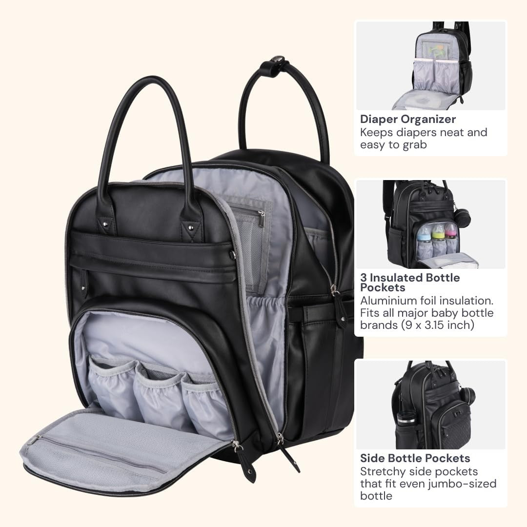 Stylish Leather Diaper Bag Backpack   Multi Function Baby Travel Bag with Changi4