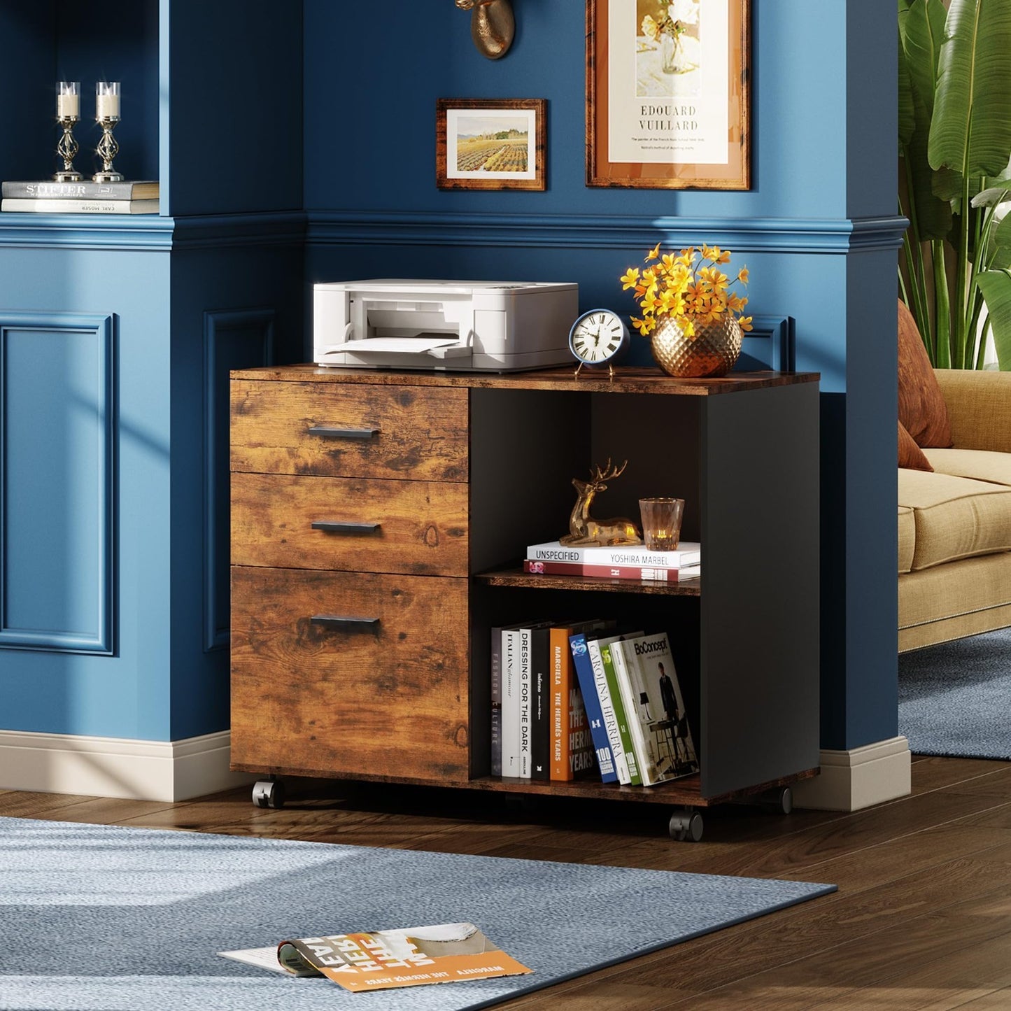 3 Drawer Mobile File Cabinet   Rustic Brown Lateral Filing, Rolling Printer Stan6