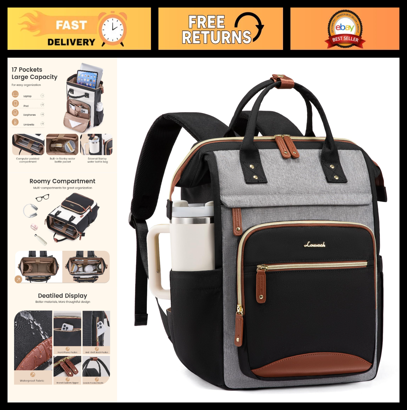 Stylish Waterproof Laptop Backpack for Women, 15.6" Large Capacity Work Bag, Cup0