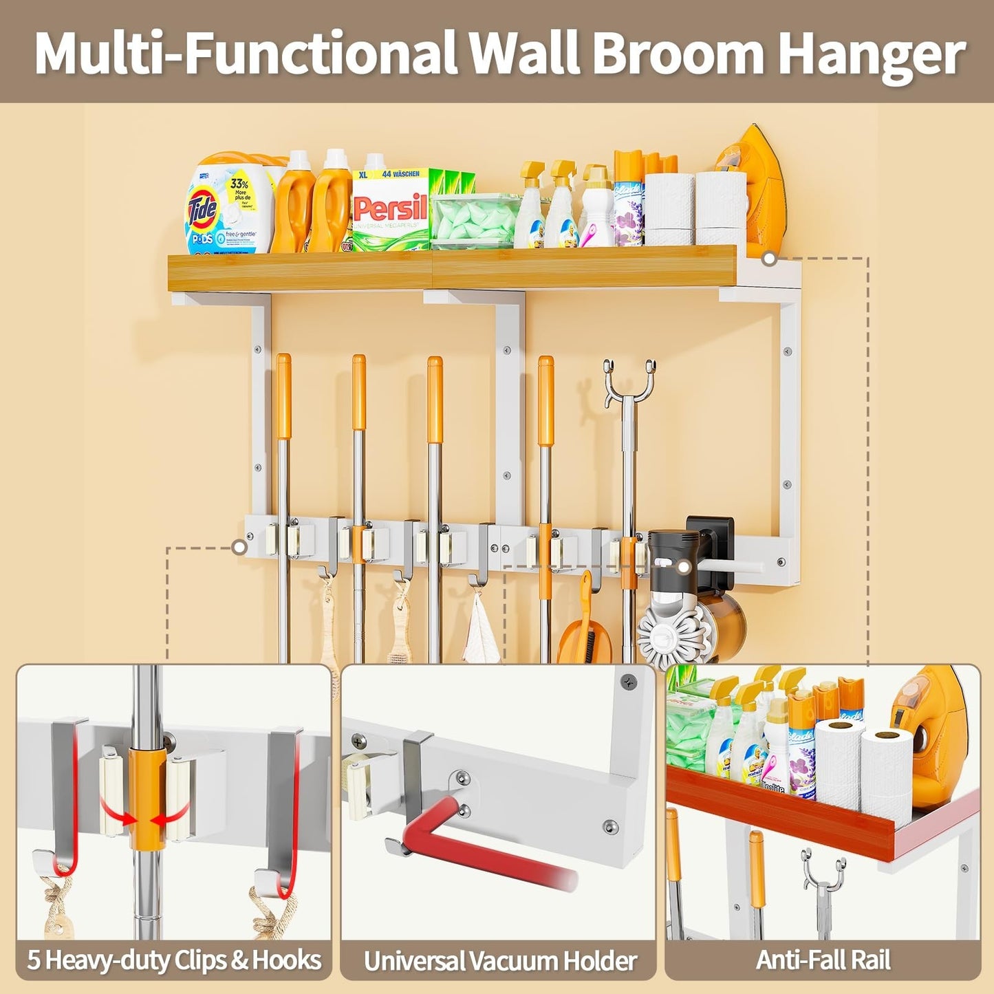 Wall-Mounted Broom and Mop Organizer - Space-Saving Holder for Easy Storage2