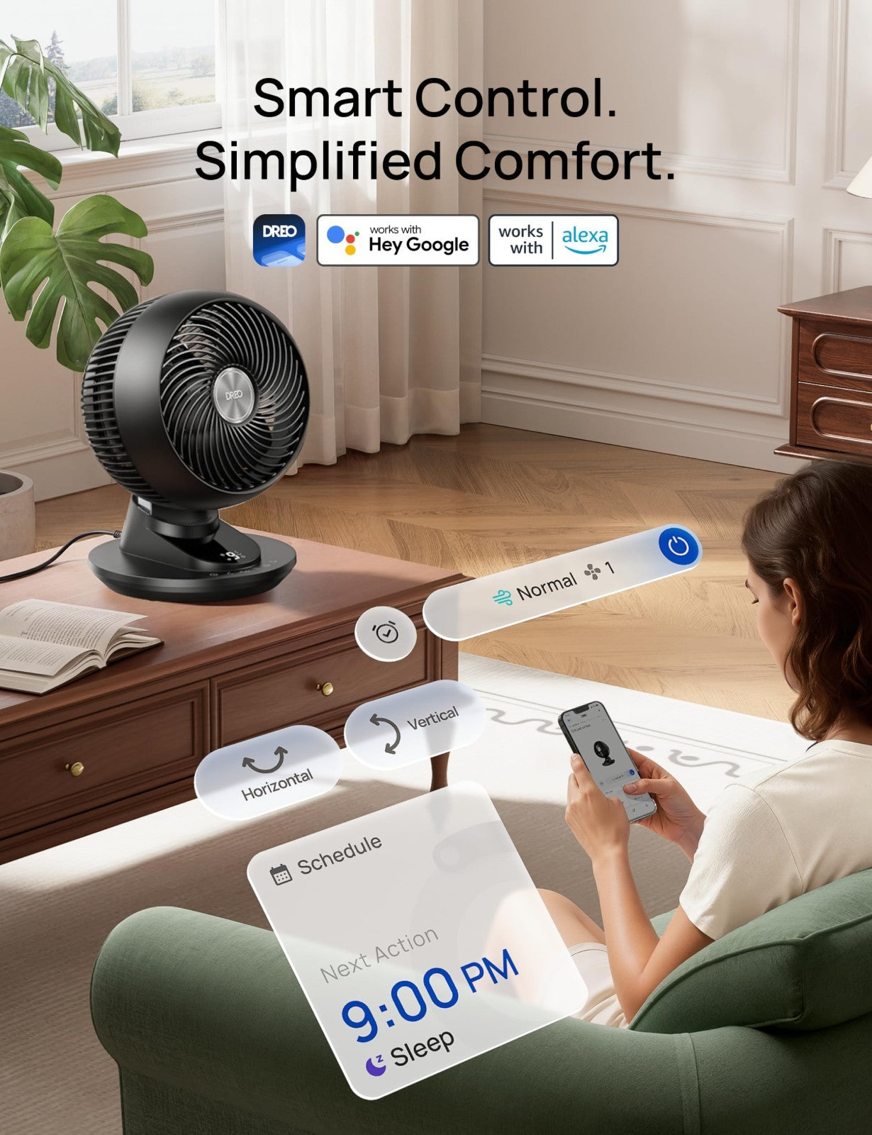 Powerful 12" Smart Desk Fan, 85 ft Airflow, Quiet 20dB, Oscillating, App/Voice C6