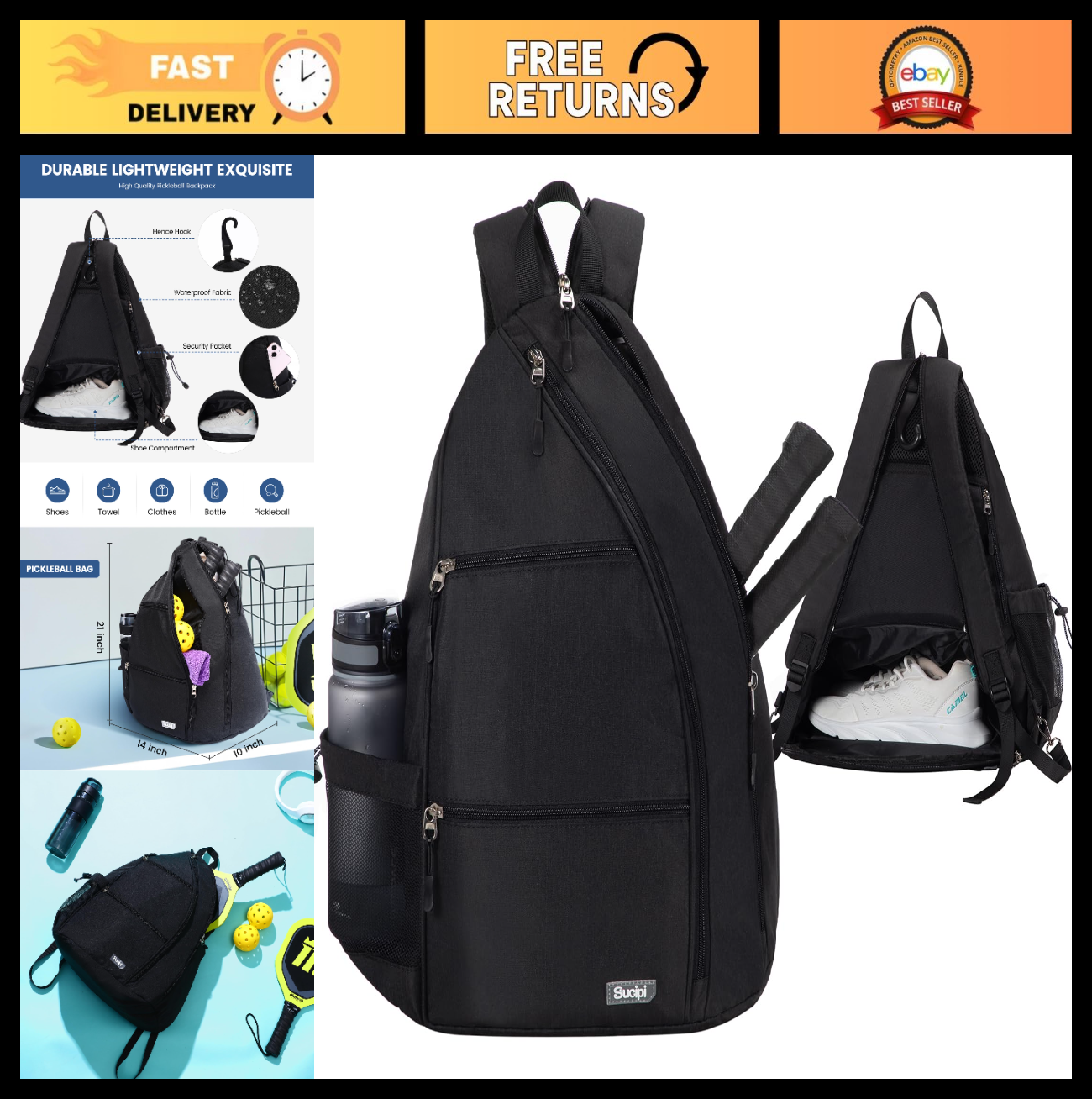 Water-Resistant Pickleball Backpack, Convertible Sling Bag with Fence Hook, Hold0