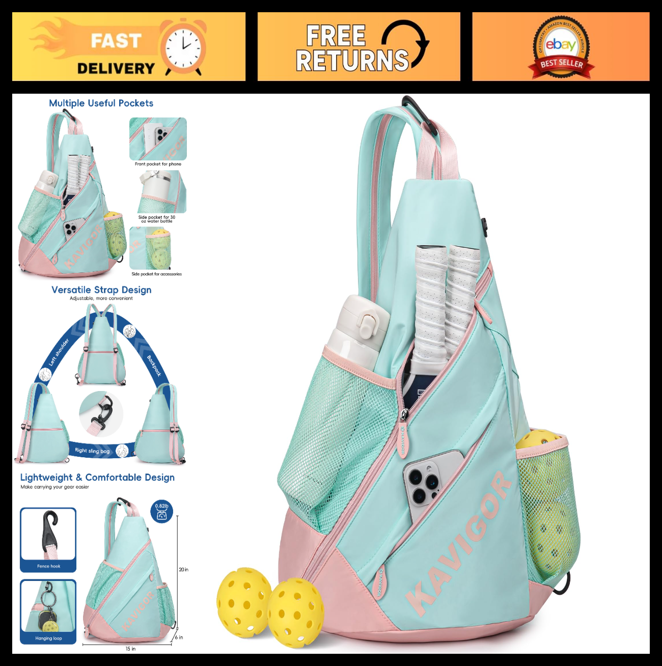 Ultra-Light Pickleball Sling Bag, Convertible Backpack with Wet/Dry Pocket, Fits0