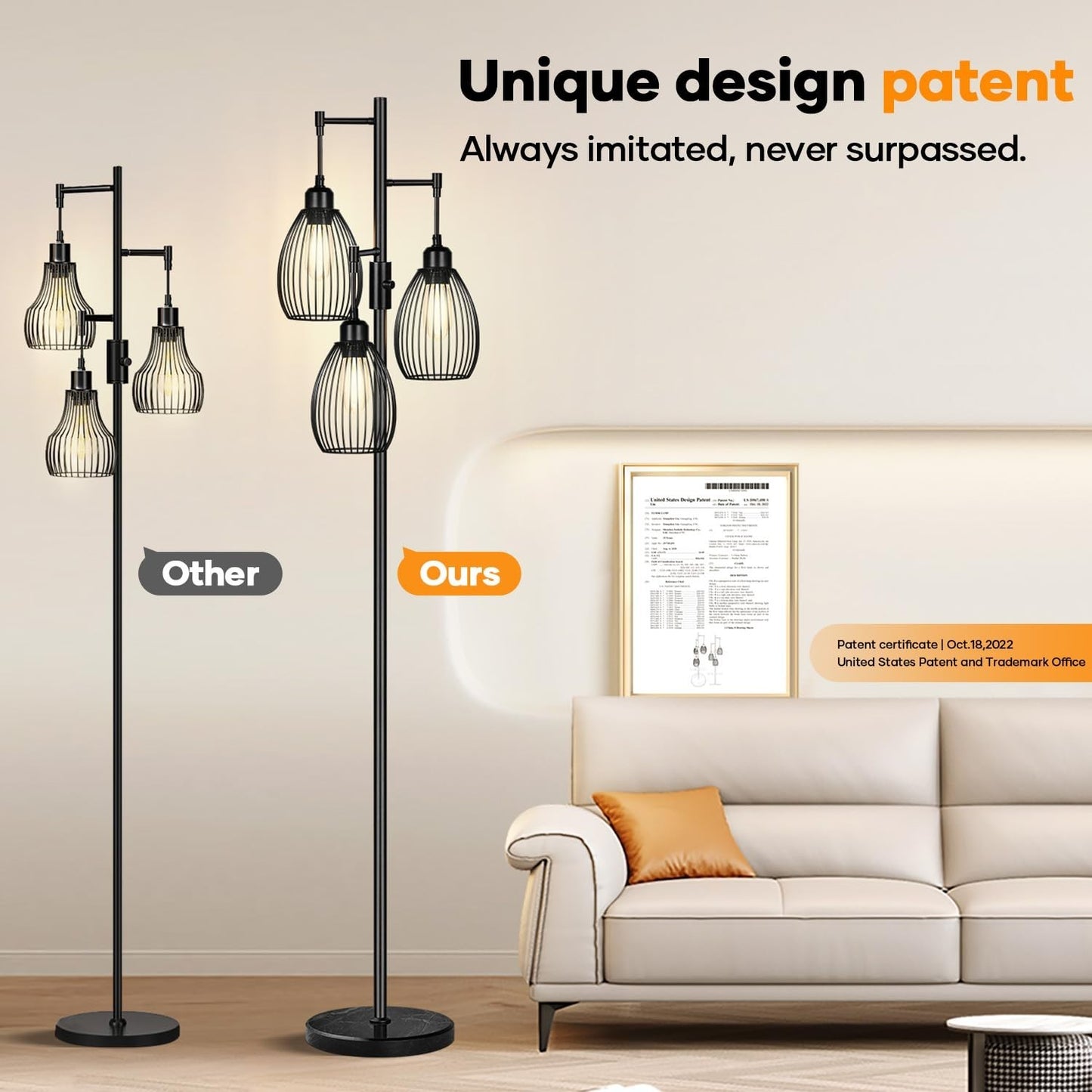 Dimmable Standing Floor Lamp with 3 LED Bulbs, Industrial Farmhouse Design, Tall6