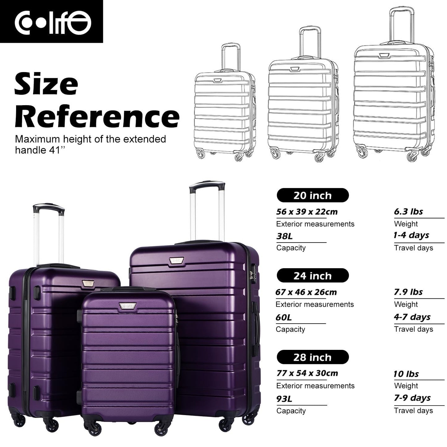Lightweight Hardshell Luggage Set, 3-Piece Spinner Suitcase, TSA Lock, Purple 206