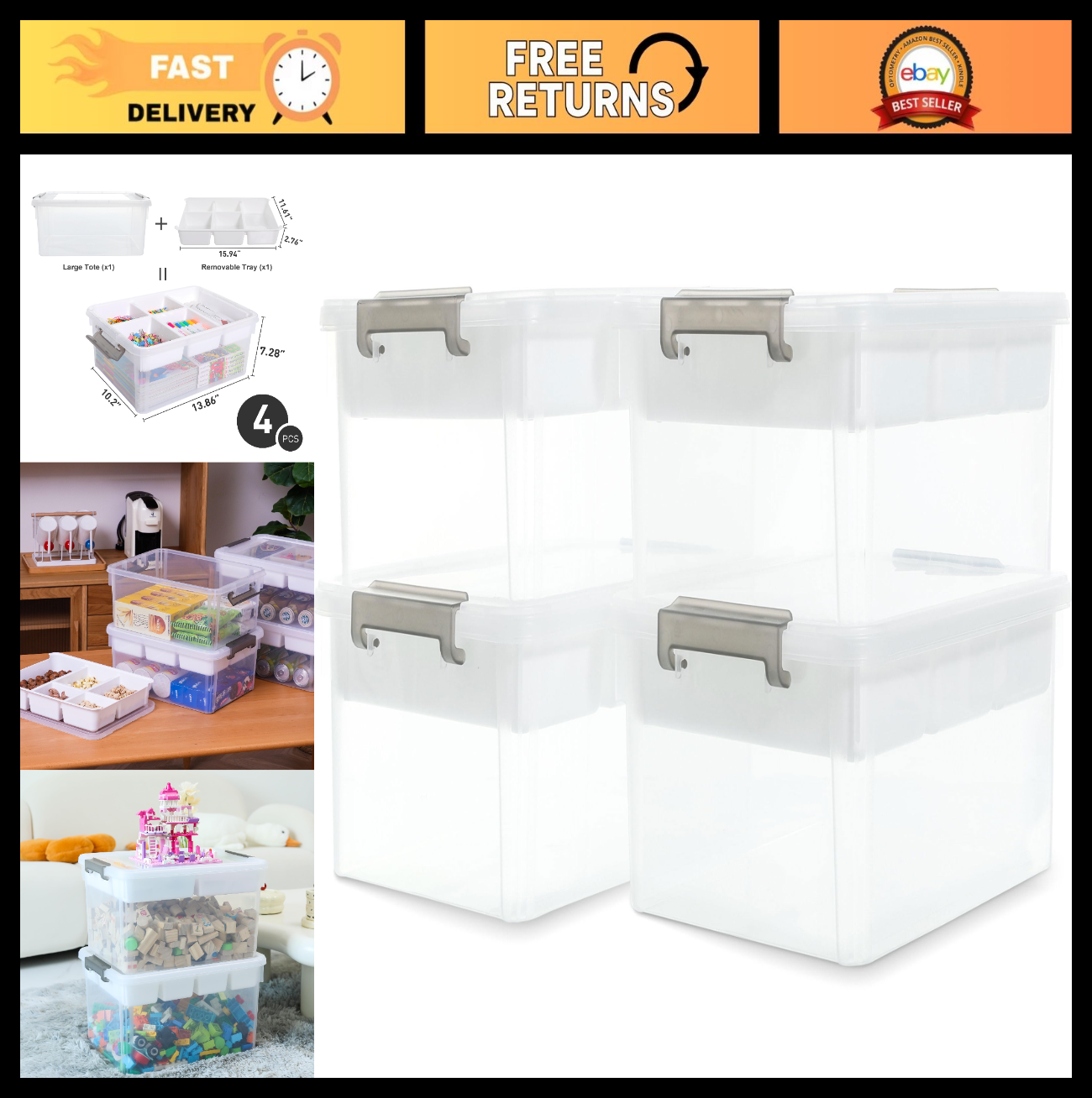 Clear Craft Organizers 17QT Storage Box with Tray   4 Pack, Stackable & Durable0