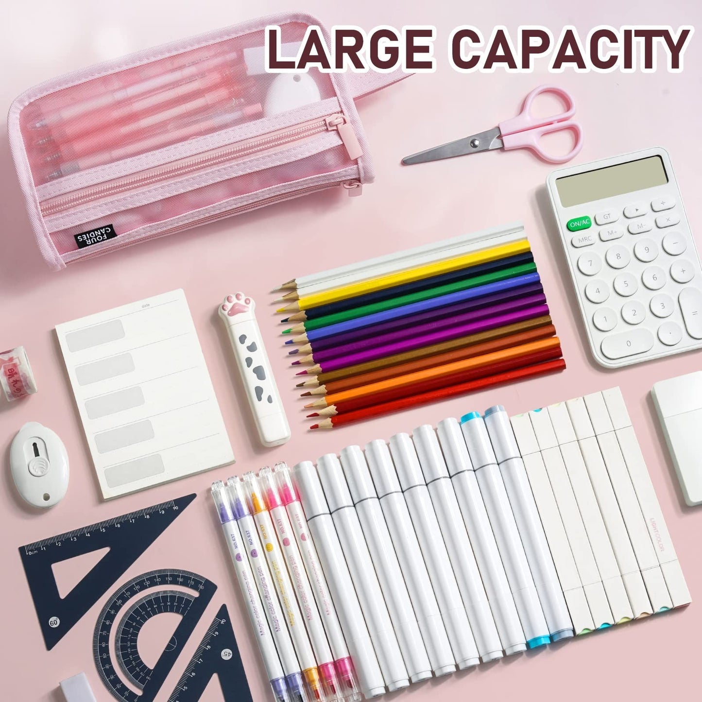 Clear Double Layer Pencil Case with Handle   Four Candies Grid Mesh, Pink4
