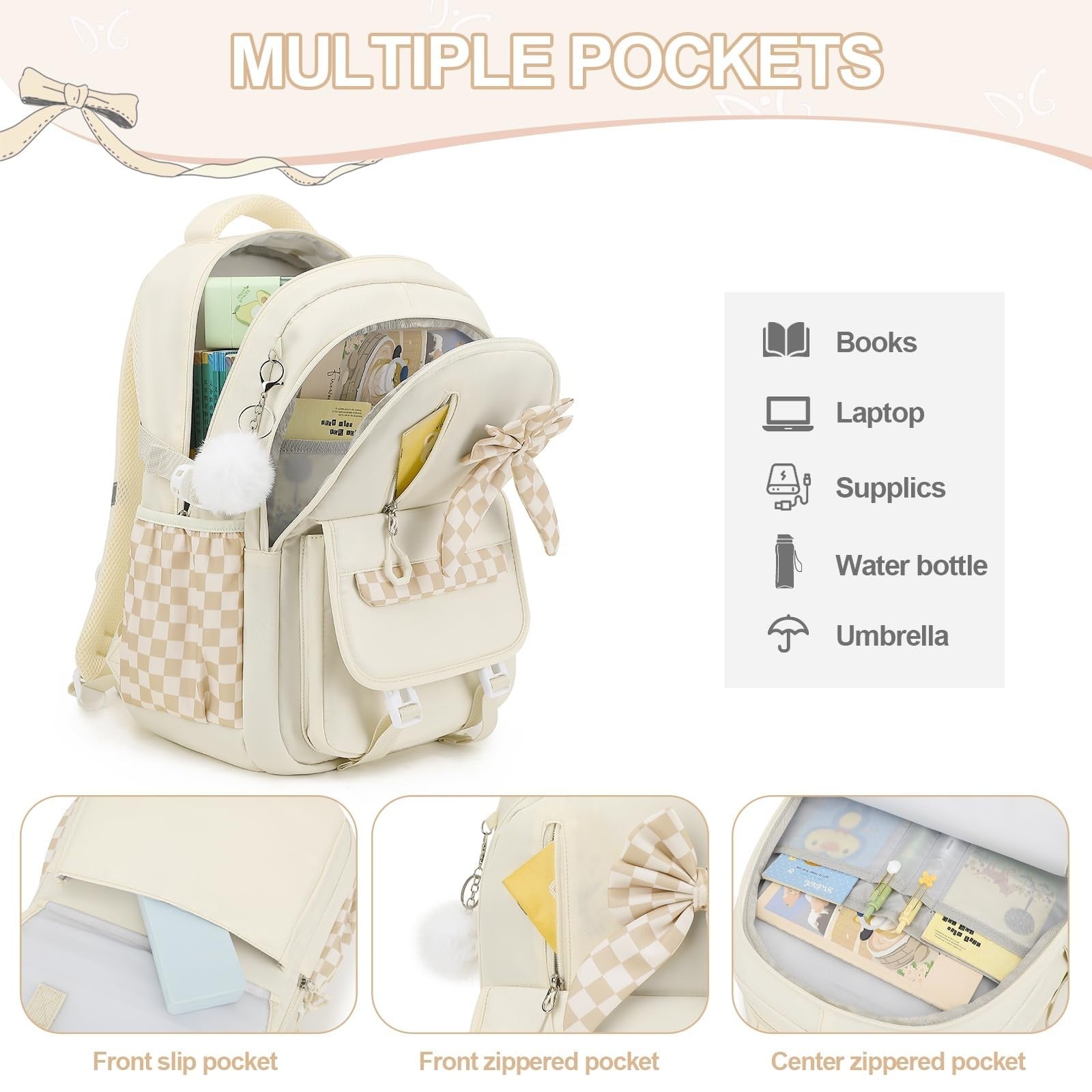 Girls Bow Backpack Set   3PCS with Lunch Bag & Pencil Case, Cute School Bag3