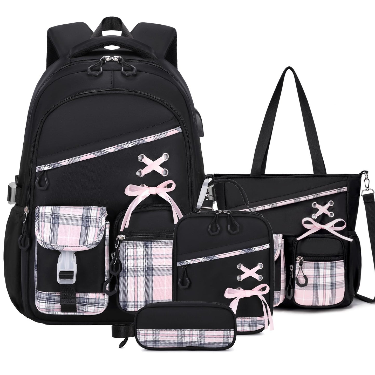 4PCS Girls Backpack Set with Tote Bag, Lunch Bag & Pencil Pouch   Stylish & Func0