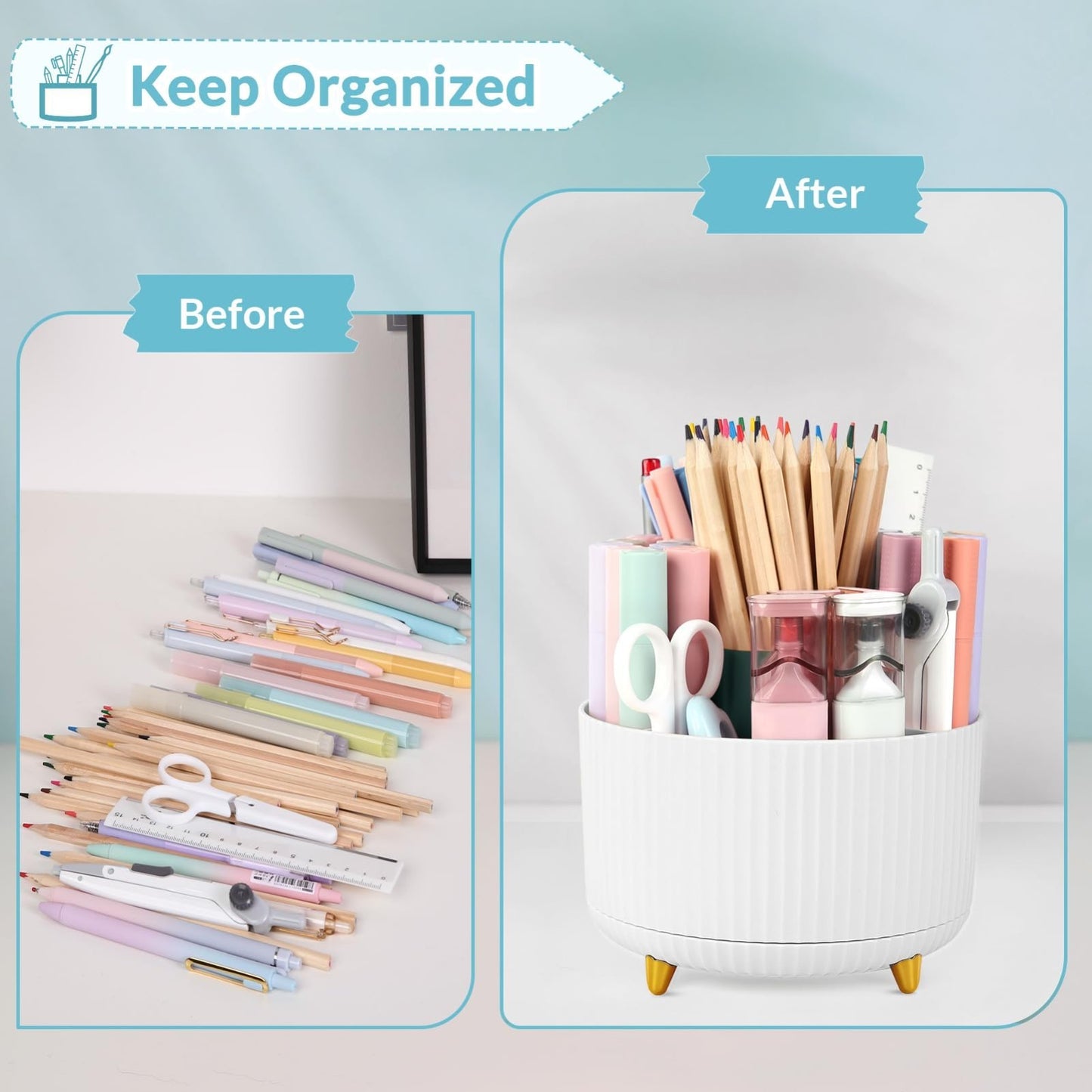 360° Rotating Pen & Pencil Holder   Dual Purpose Desk Organizer with 5 Slots, Wh3