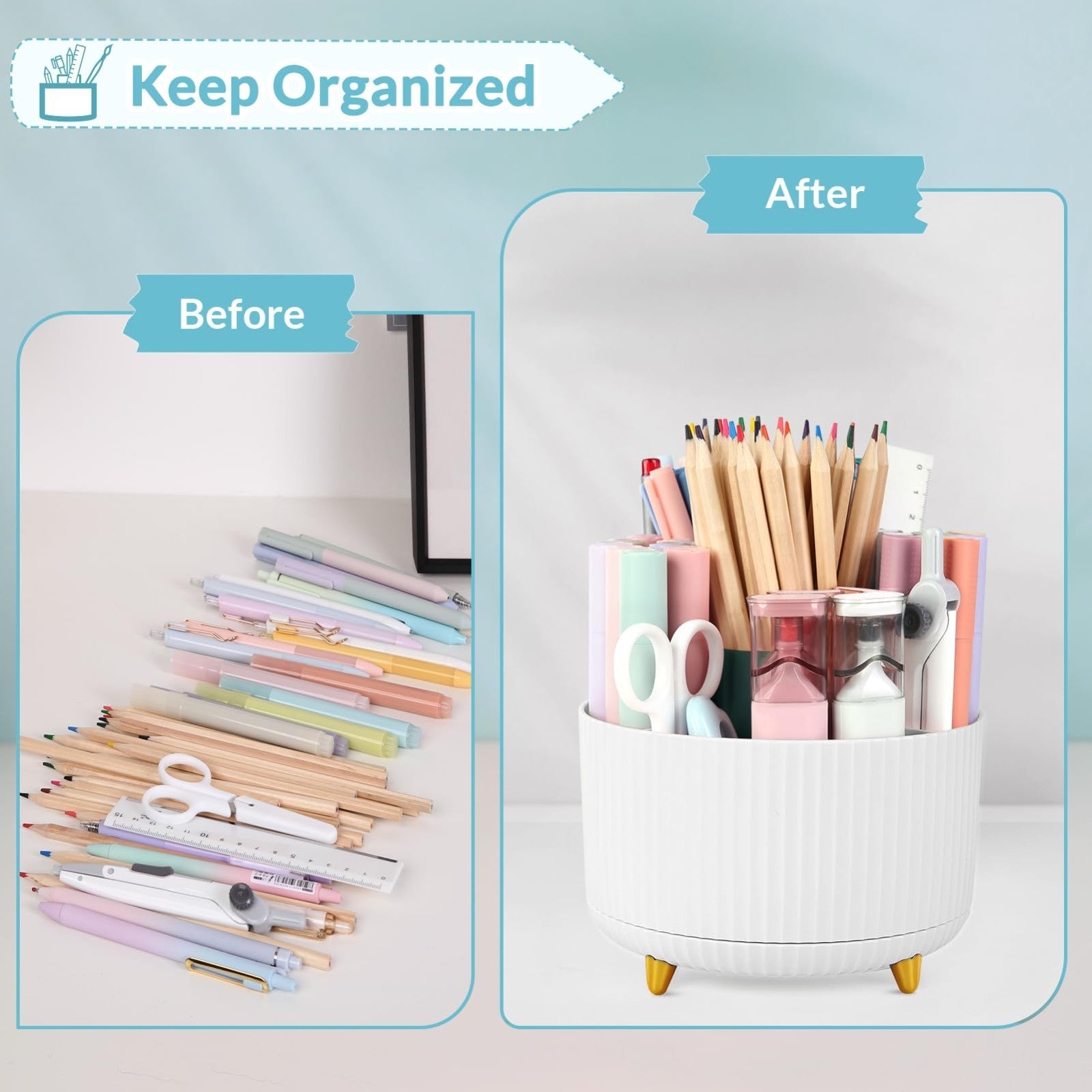 360° Rotating Pen & Pencil Holder   Dual Purpose Desk Organizer with 5 Slots, Wh3