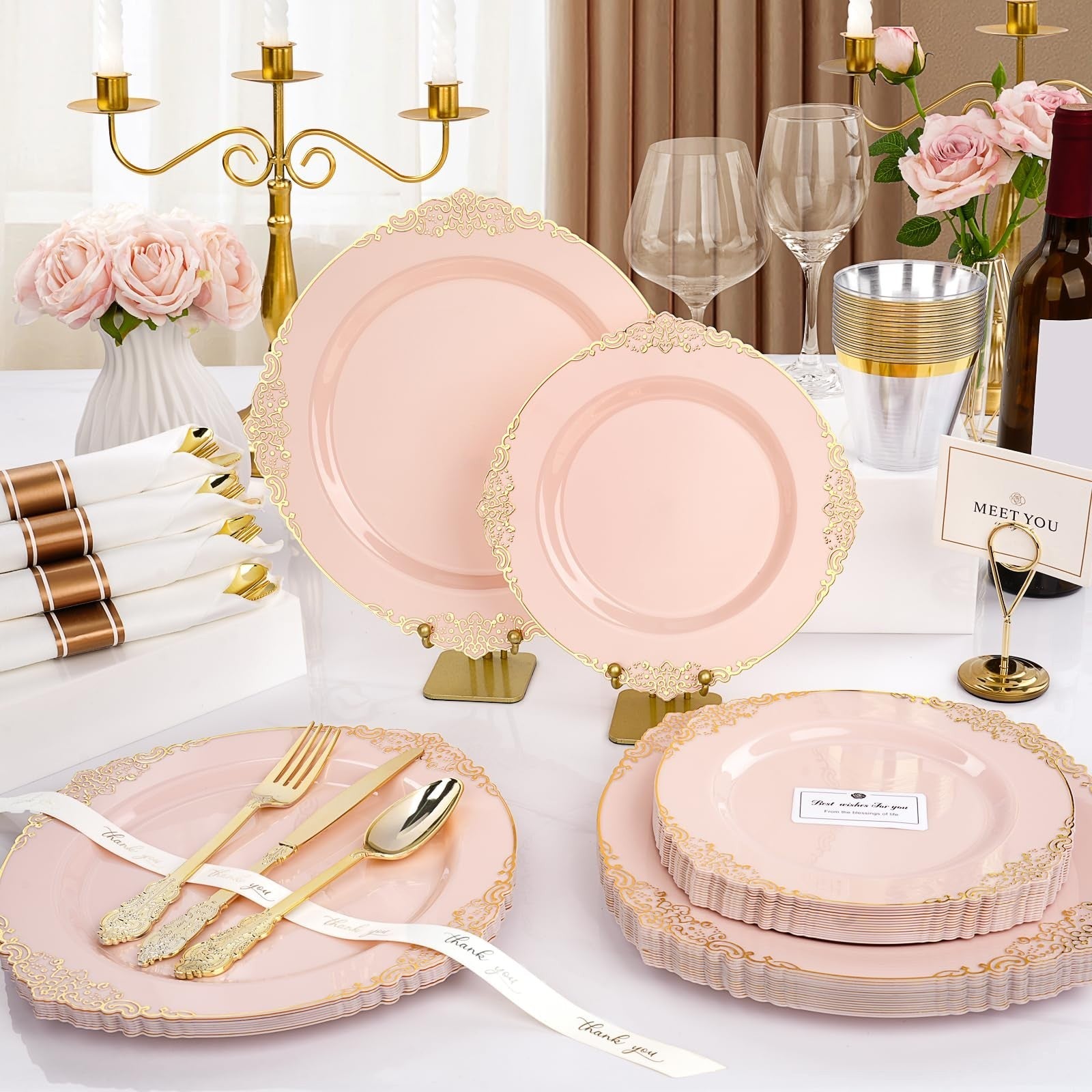 350-Piece Pink Disposable Dinnerware Set for 50 Guests | Plates, Silverware, Cup3
