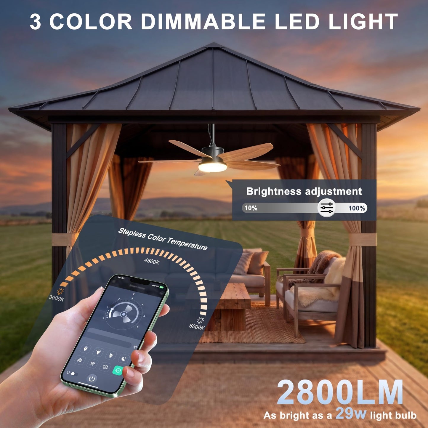 42" Waterproof Outdoor Ceiling Fan with Lights, Remote Control, Quiet DC Motor,3