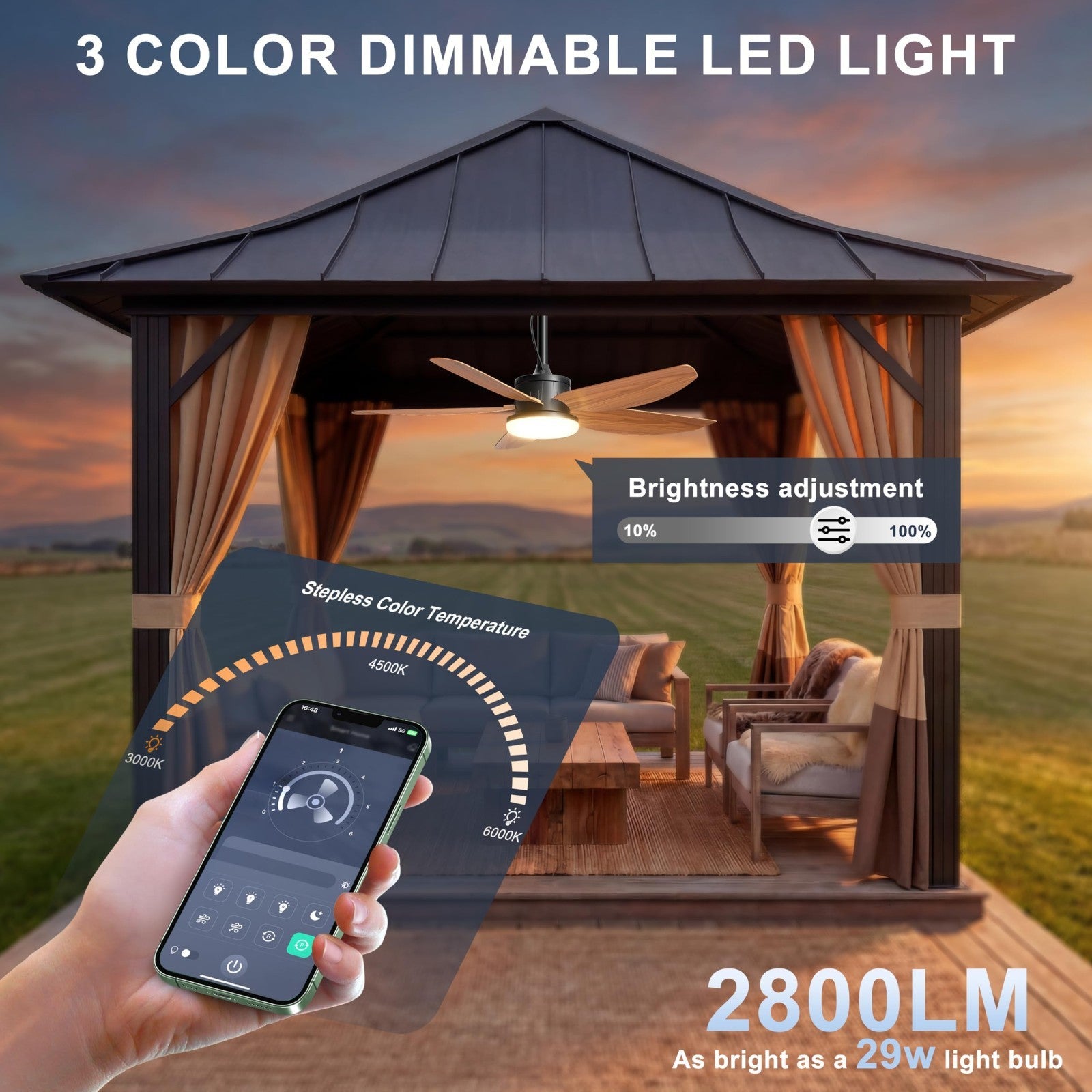 42" Waterproof Outdoor Ceiling Fan with Lights, Remote Control, Quiet DC Motor,3
