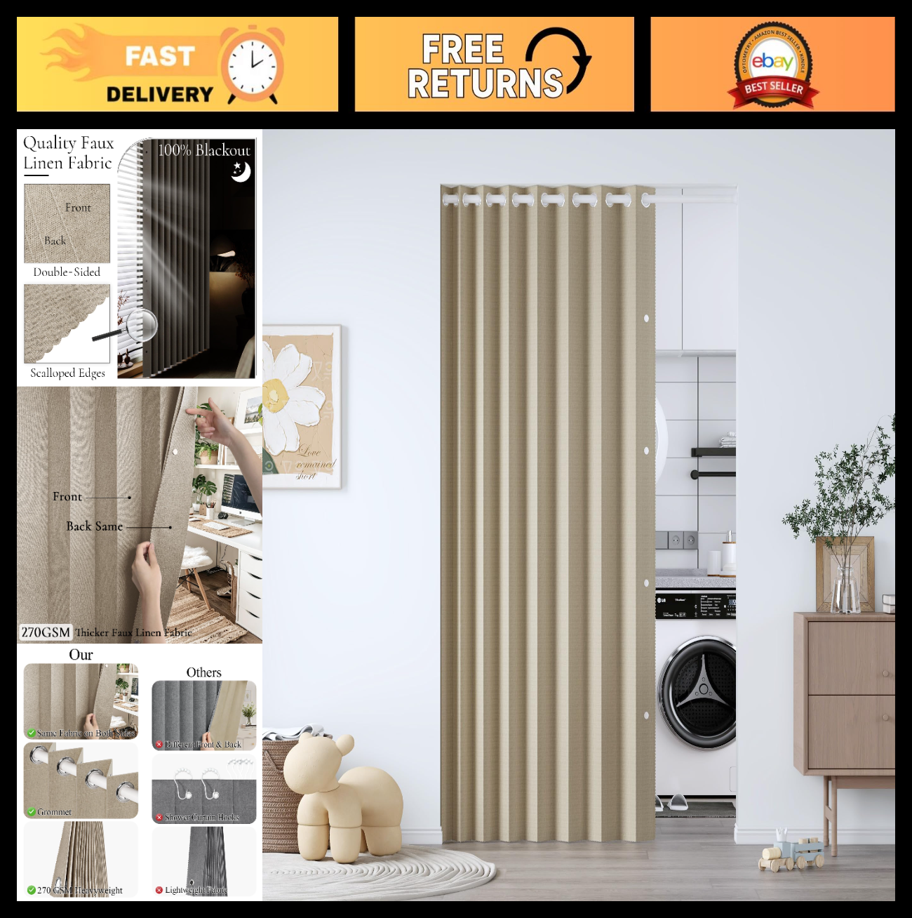 100% Blackout Magnetic Folding Door Curtain   Closet & Doorway Panel, Tan, W52 x0