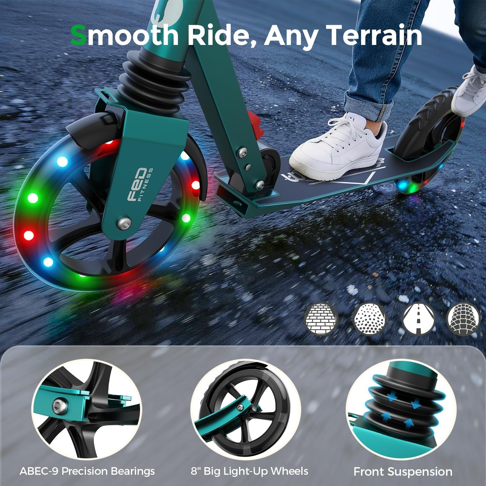 Kick Scooter for Ages 6+, Teens & Adults - 8" Big Wheels, 240lb Capacity, Smooth4