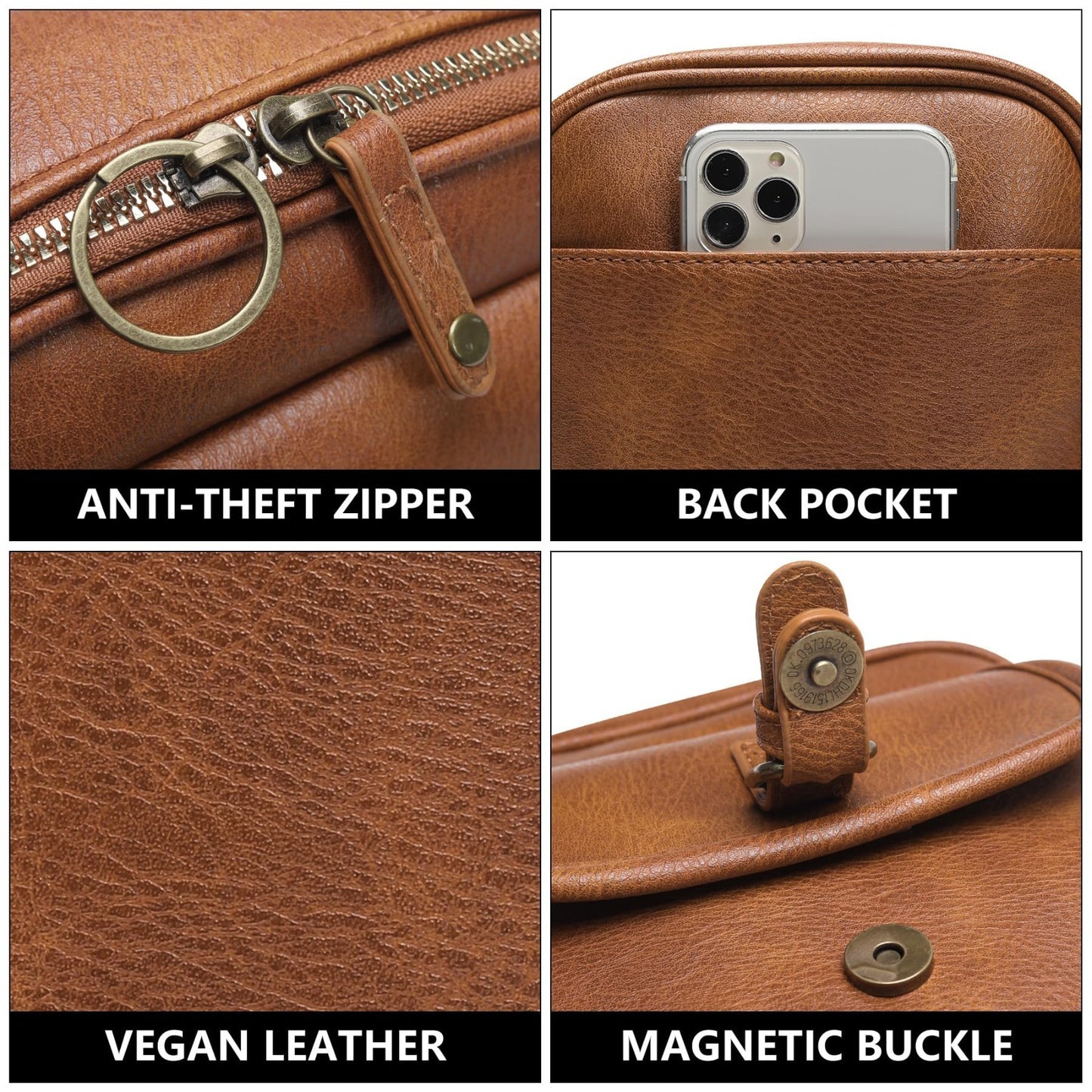 Vegan Leather Crossbody Bags for Women - Vintage Anti-Theft Messenger Purse with3