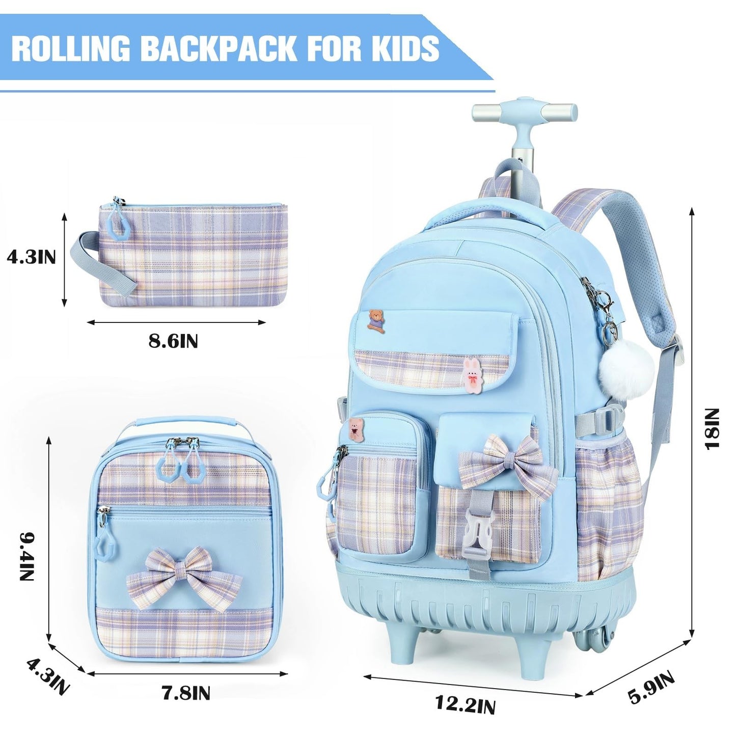 Rolling Backpack for Girls   Wheeled School Bag with Lunch Bag & Pencil Pouch, B2
