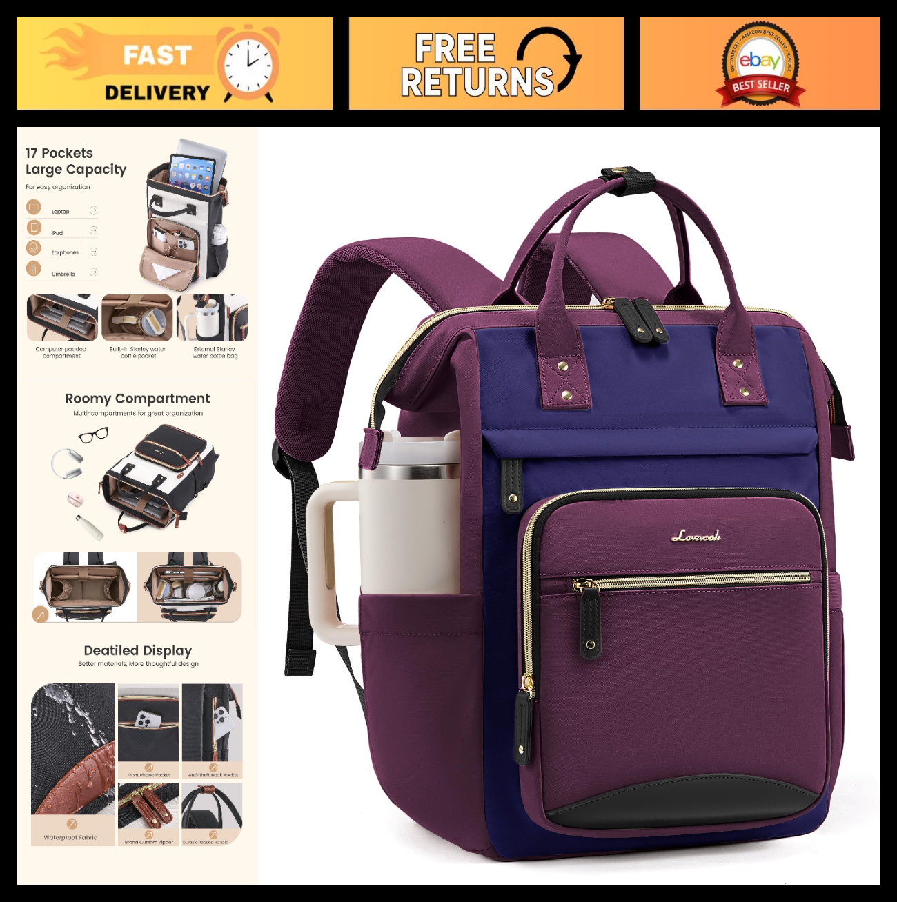 Large Capacity Laptop Backpack for Women, Waterproof 15.6" Work Bag with Cup Poc0